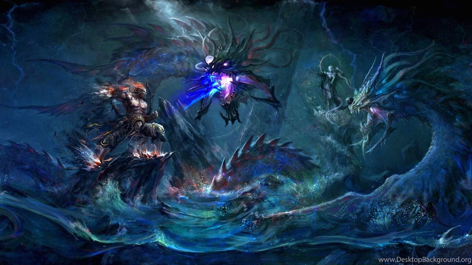 1920x1080 Dark, Fantasy, Warrior, Dragon, Women, Ocean, Magic wallpaper, Desktop