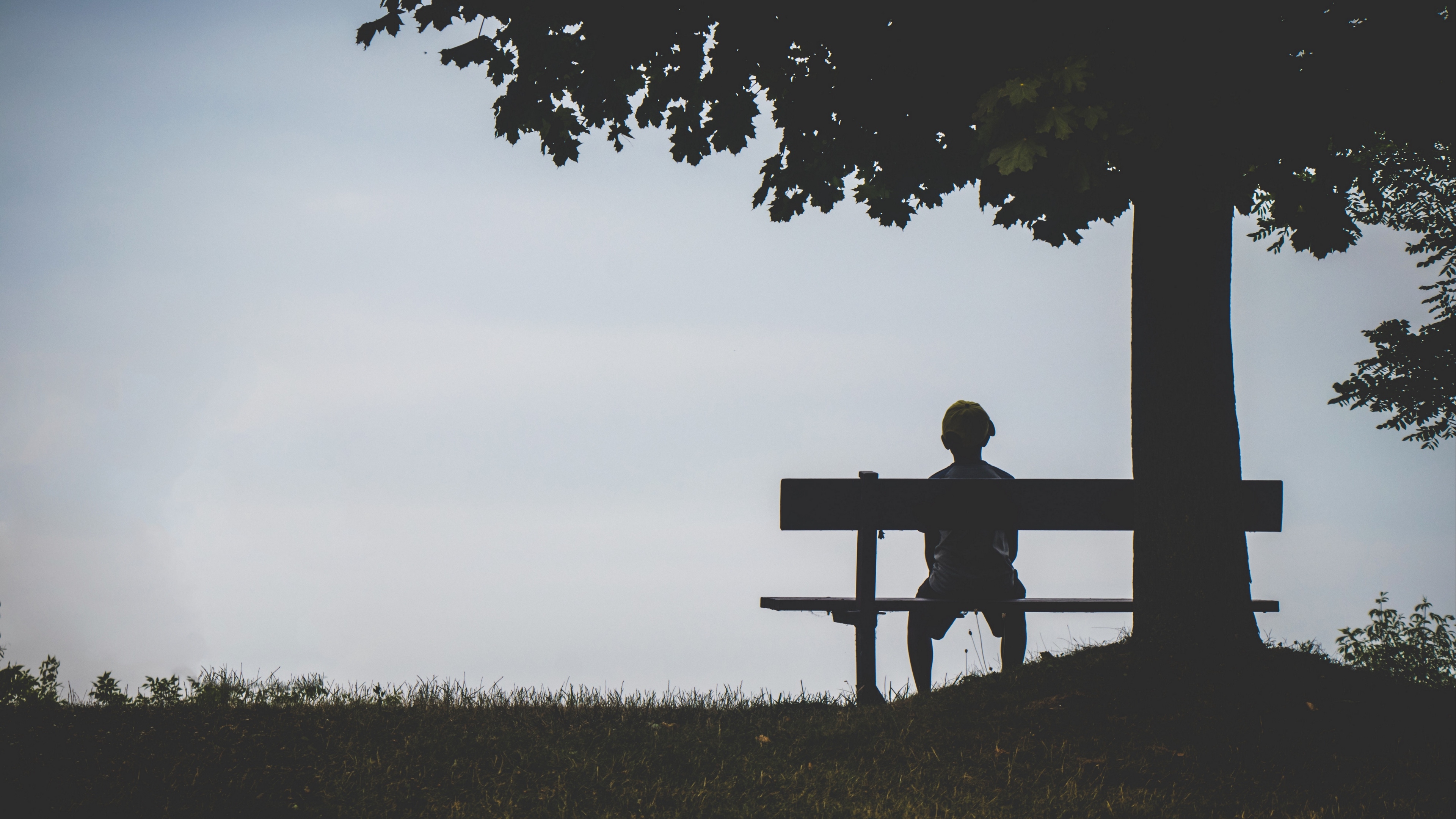 3840x2160 Wallpaper 4k child, bench, alone, solitude, silhouette, loneliness, Desktop