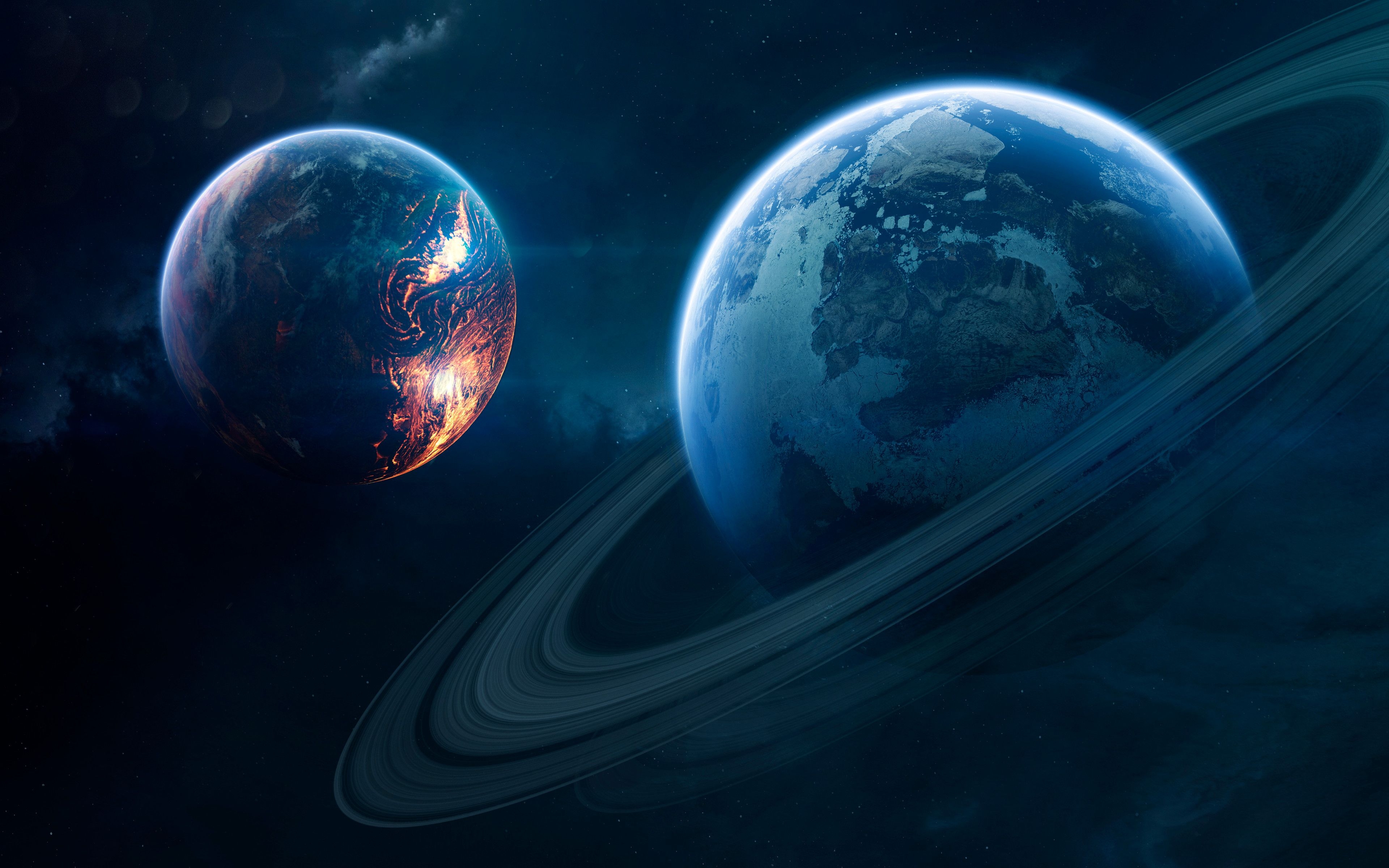 3840x2400 Blue Planet 4K Wallpaper, Orbital ring, Red Planet, Stars, Galaxy, Space, Desktop