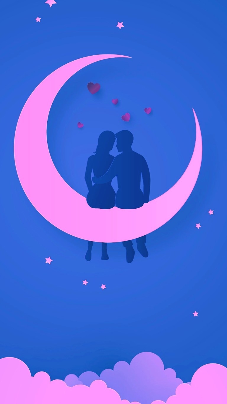 770x1370 Romantic Couples Love Illustration Moon HD iPhone Wallpaper Download, Phone