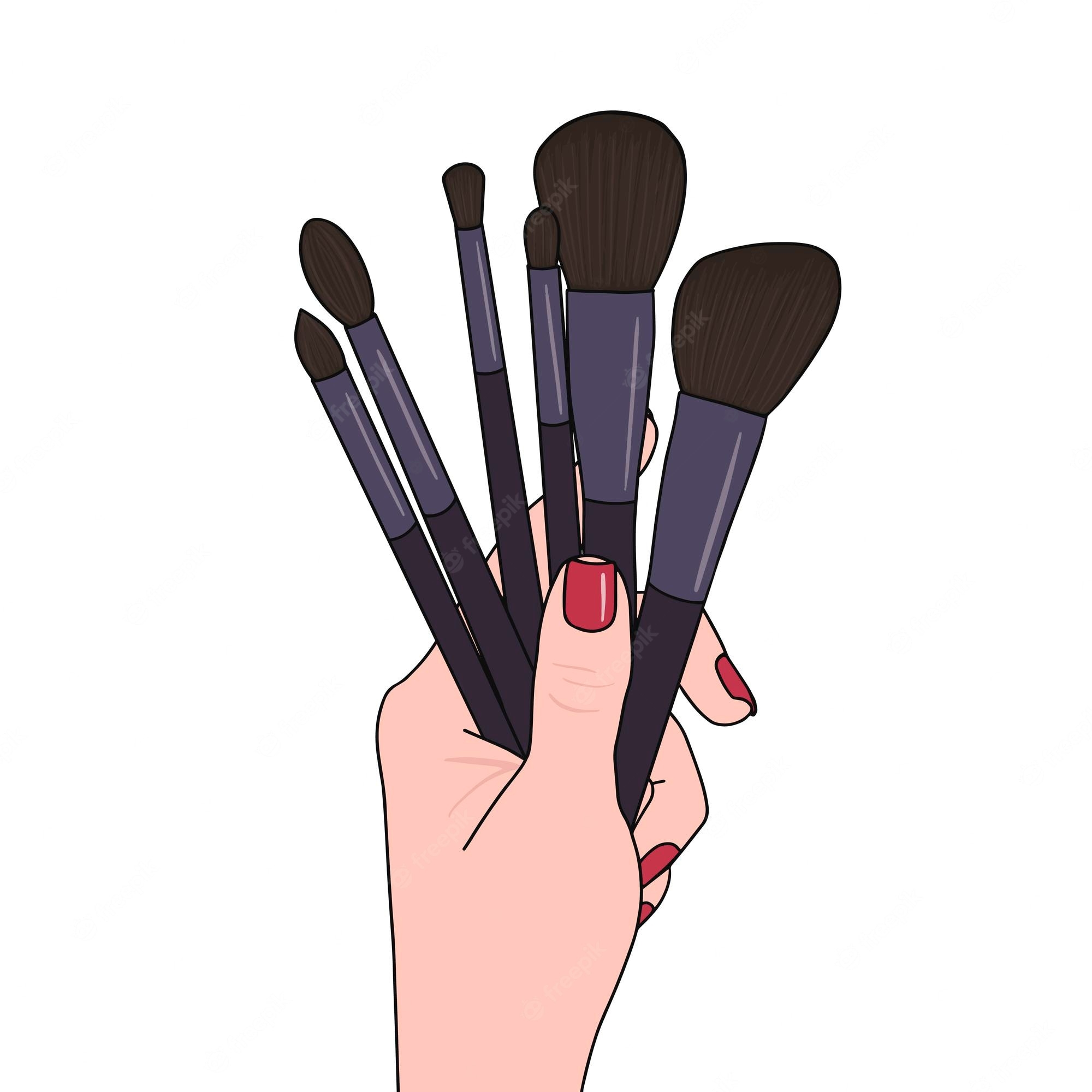 2000x2000 Premium Vector. Makeup brushes in hand on white background. illustration for printing, background, wallpaper, covers, packaging, greeting cards, posters, stickers, textile and seasonal design, Phone