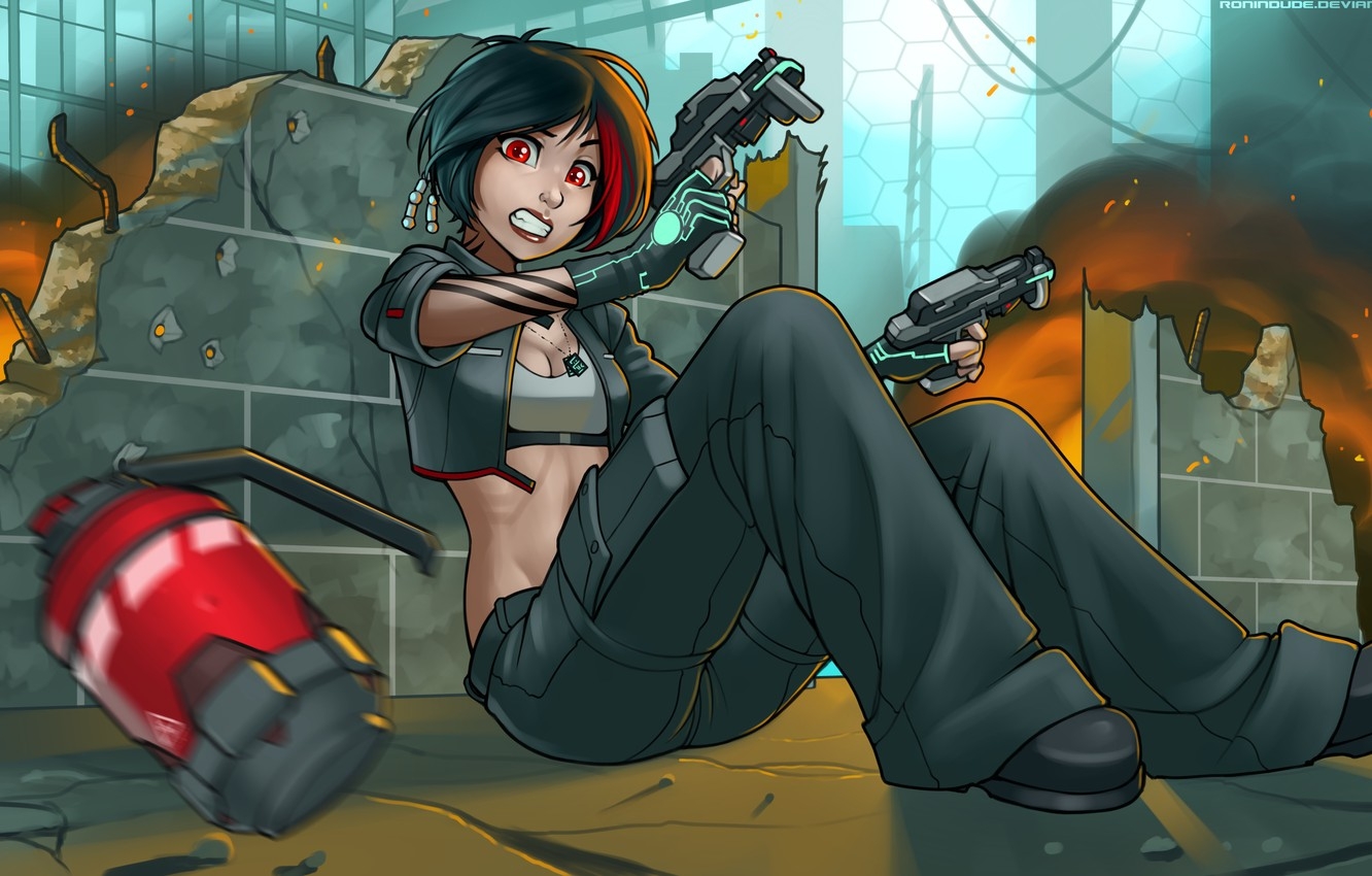 1340x850 Photo Wallpaper Future, Weapons, Danger, Woman, Guns, Girl With Red Hair Tattoo Gun, Desktop