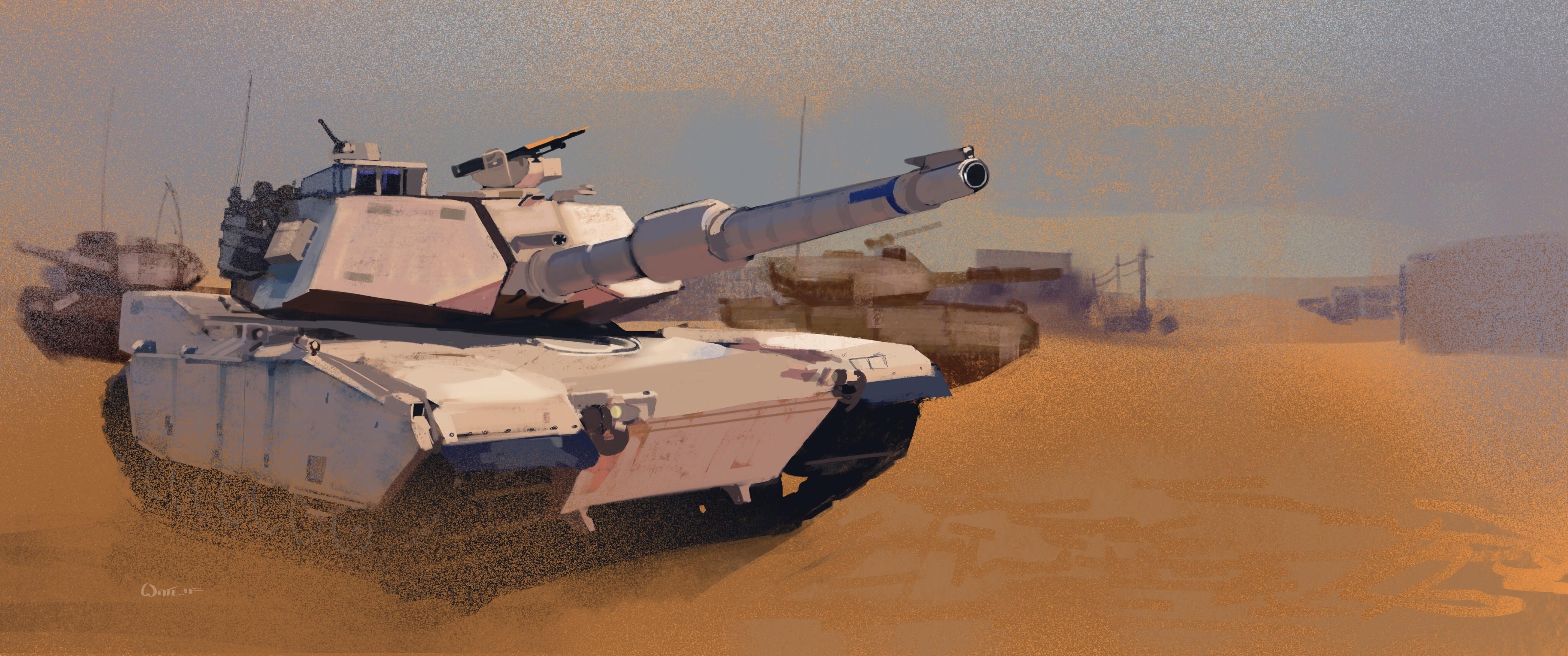 4100x1720 Wallpaper M1 Abrams Tanks US M1A1 Painting Art Army, Dual Screen