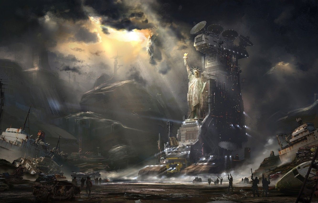 1340x850 Wallpaper people, fiction, ships, rust, art, the statue of liberty, Desktop