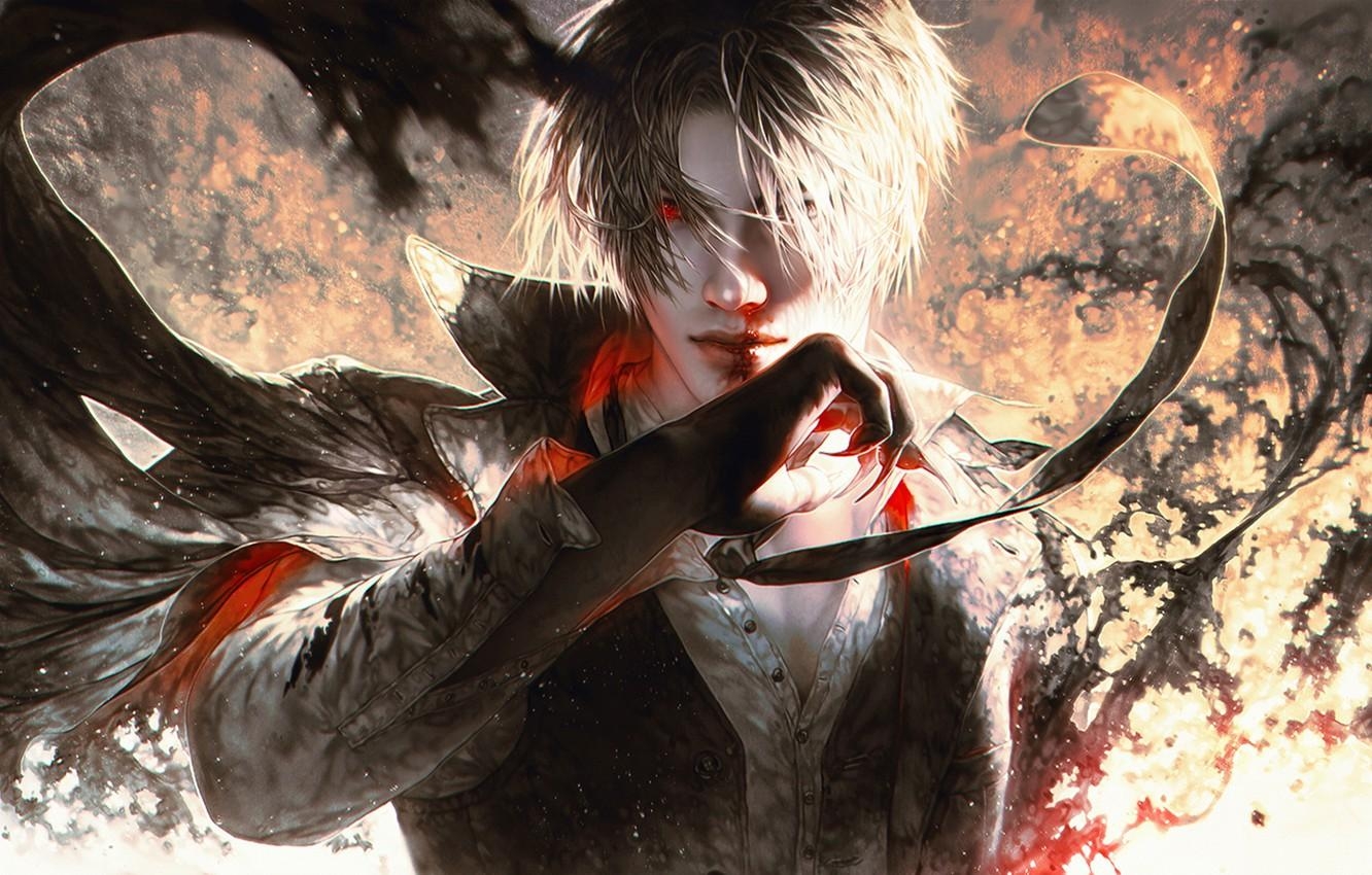 1340x850 Wallpaper blood, hand, demon, male, guy, anime, art image, Desktop