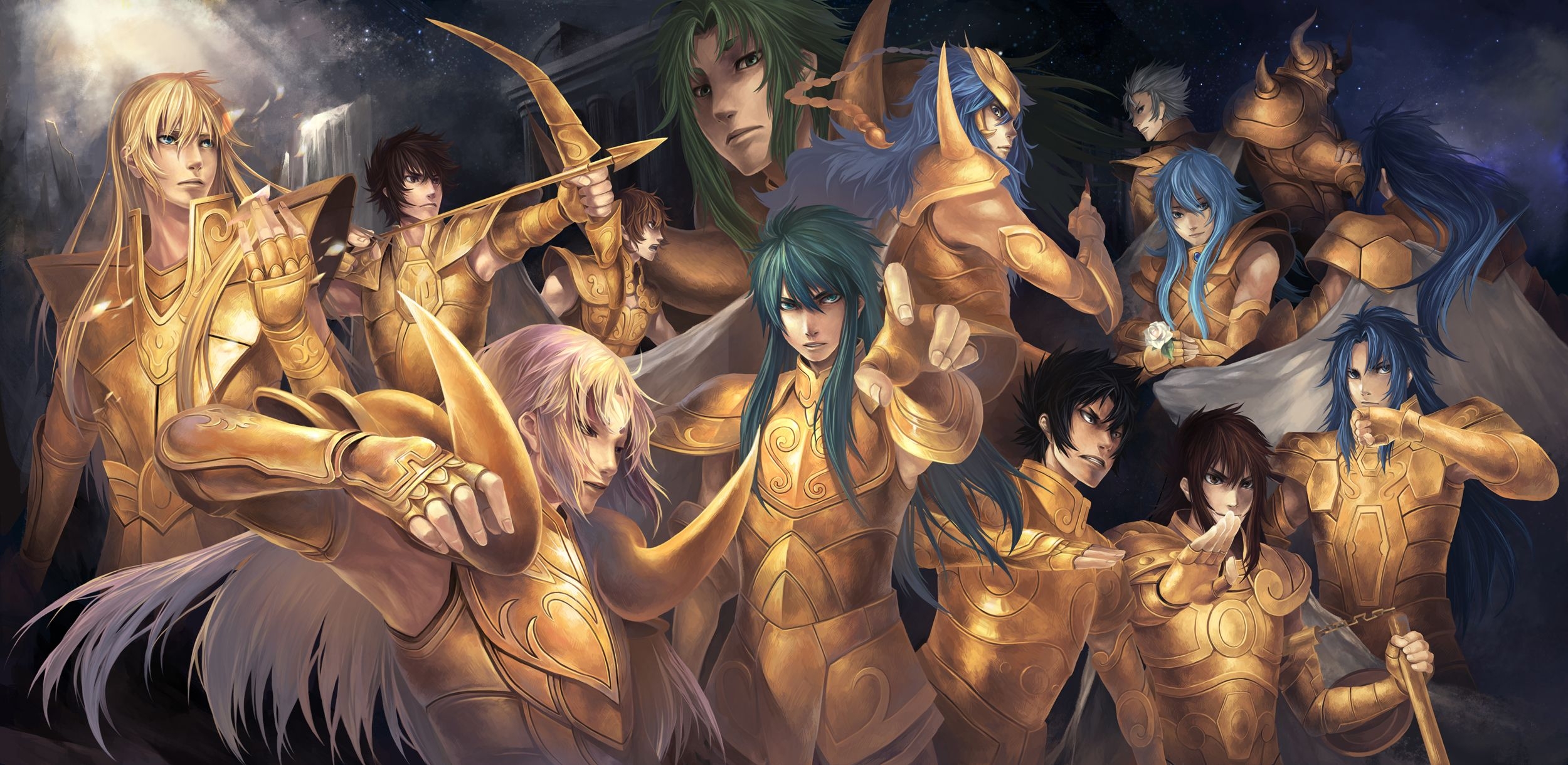 2500x1220 aries muu, gemini saga, aquarius camus.danbooru.donmai.us, Dual Screen