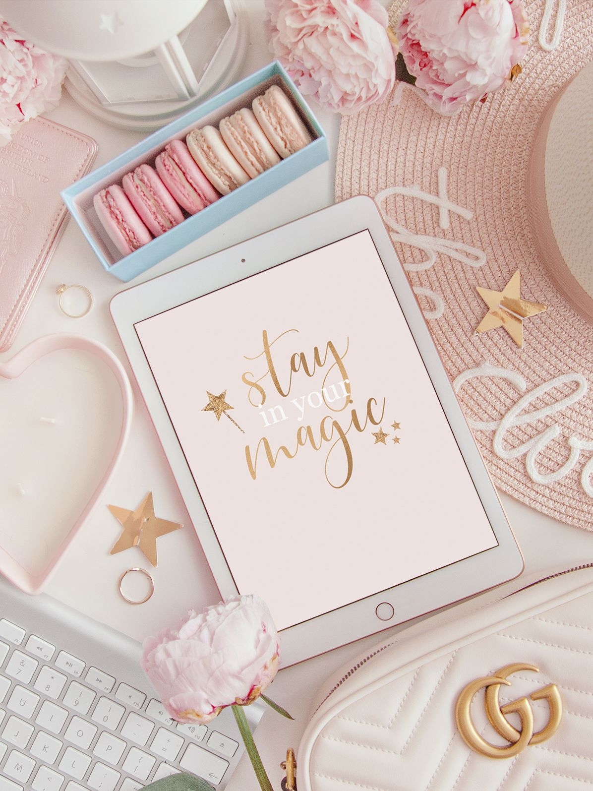 1200x1600 Flatlay image of an ipad with the quote Stay in Your Magic. Pink girly things, Pastel pink aesthetic, Flat lay photography, Phone