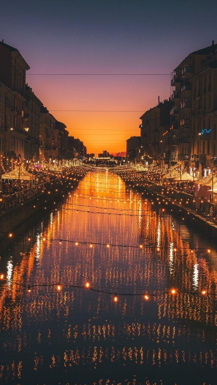 720x1280 Milan, city, river, night, lights, celebrations,  wallpaper, Phone