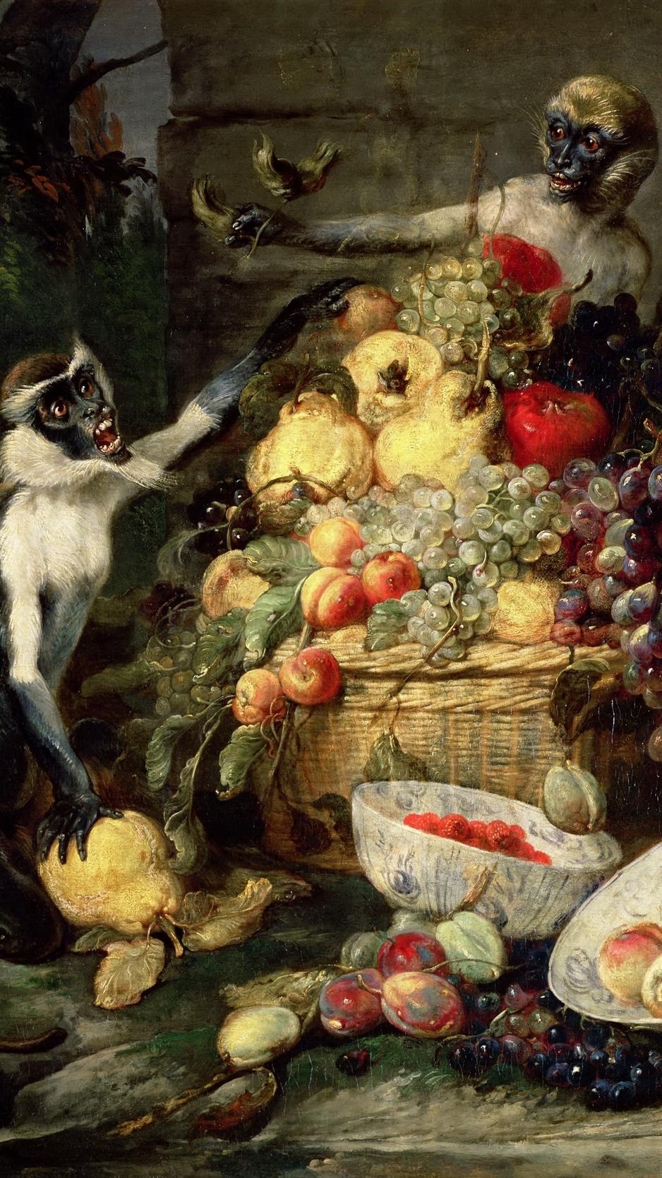 940x1670 Download wallpaper  frans snyders, monkeys stealing fruit, Phone