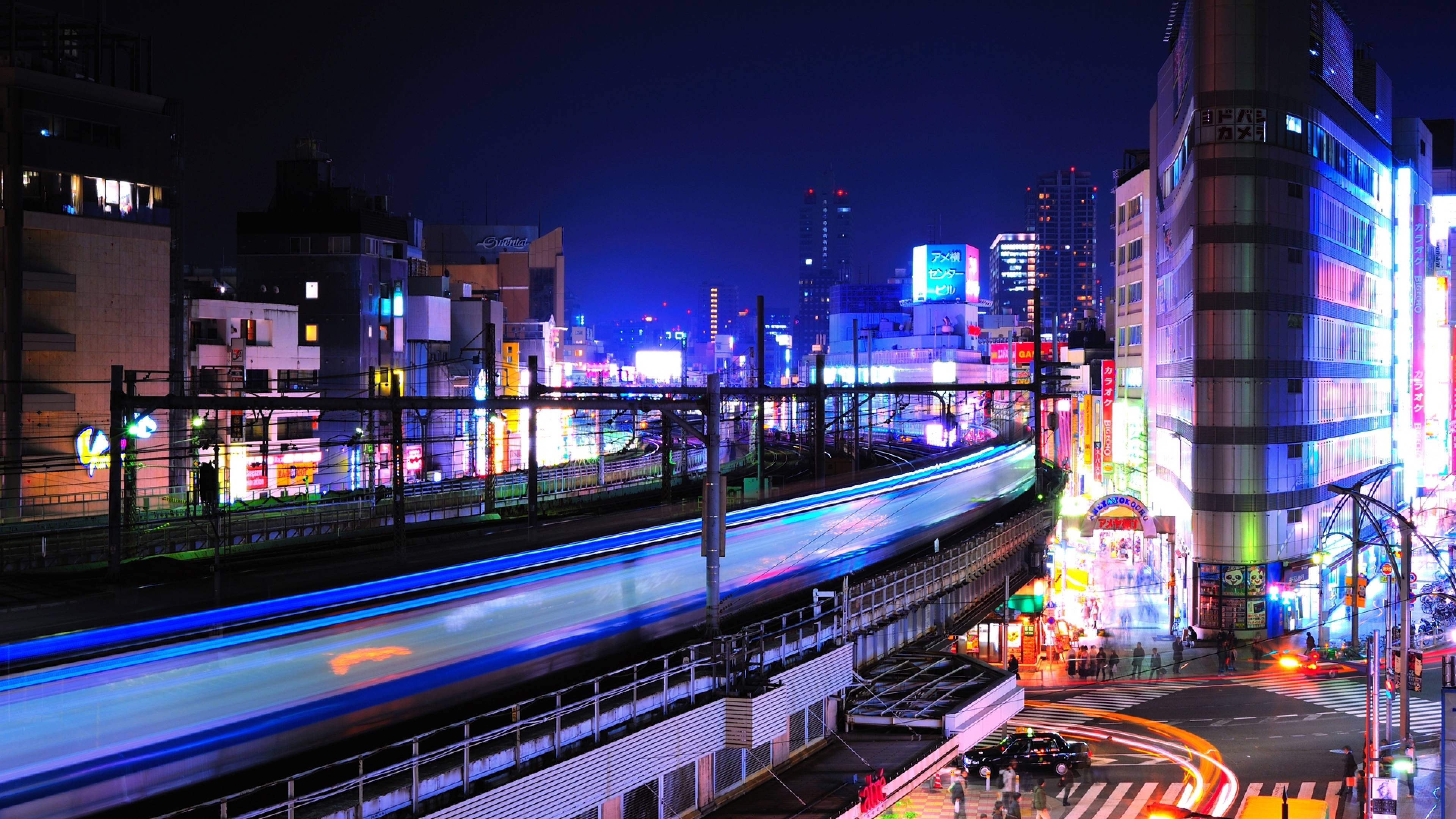 3840x2160 Download Wallpaper  night, lights, buildings, railway, Desktop