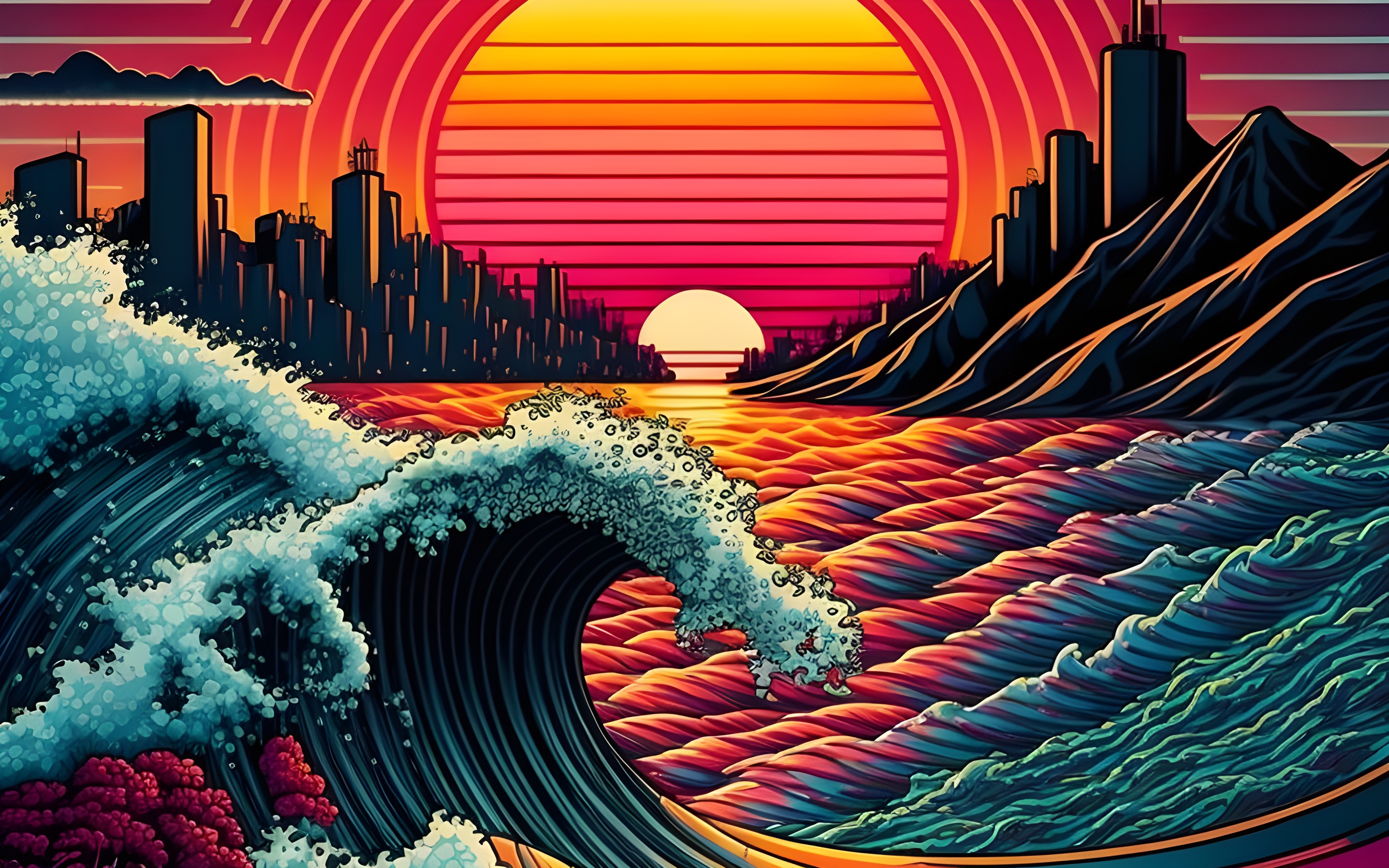 3840x2400 The Great Wave Off Kanagawa Artificial Intelligence 4K Waves Sunset Ai Art Wallpaper:, Desktop