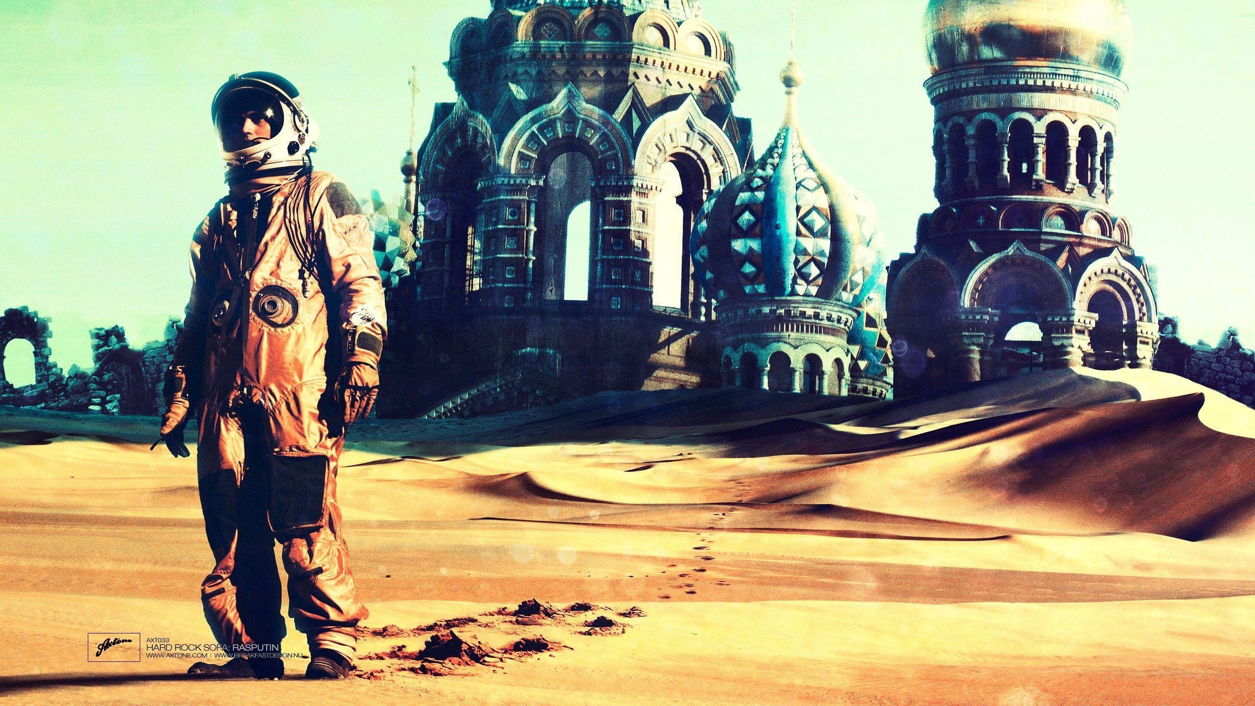 2560x1440 Cosmonaut in an abandoned church in the desert wallpaper, Desktop