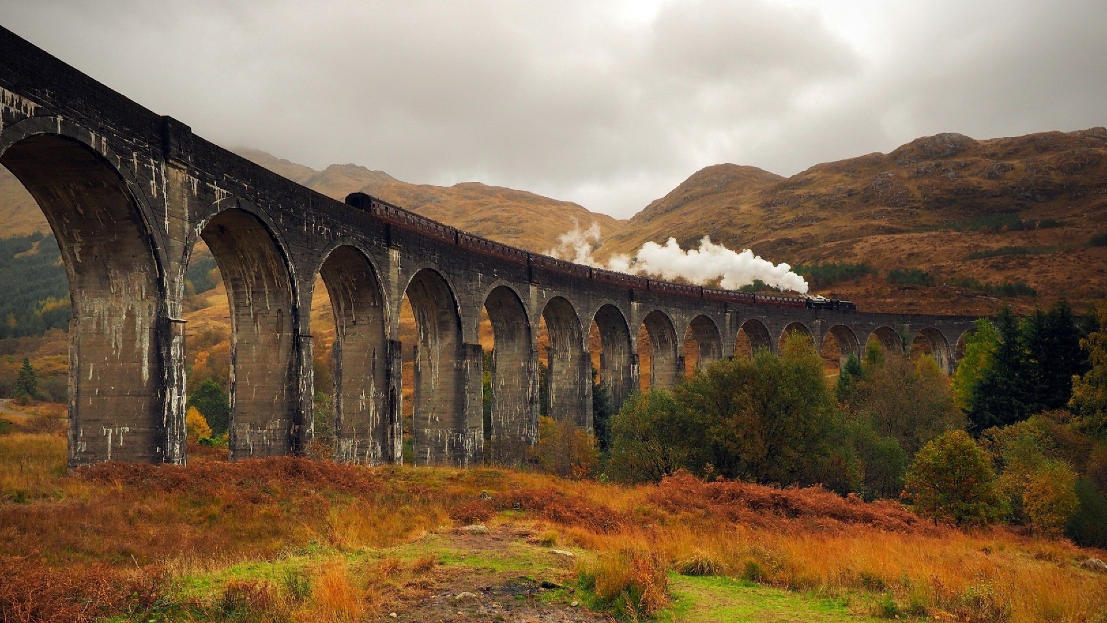 3840x2160 Download  Scotland, Train, Autumn, Smoke, Viaduct, Bridge Wallpaper for UHD TV, Desktop