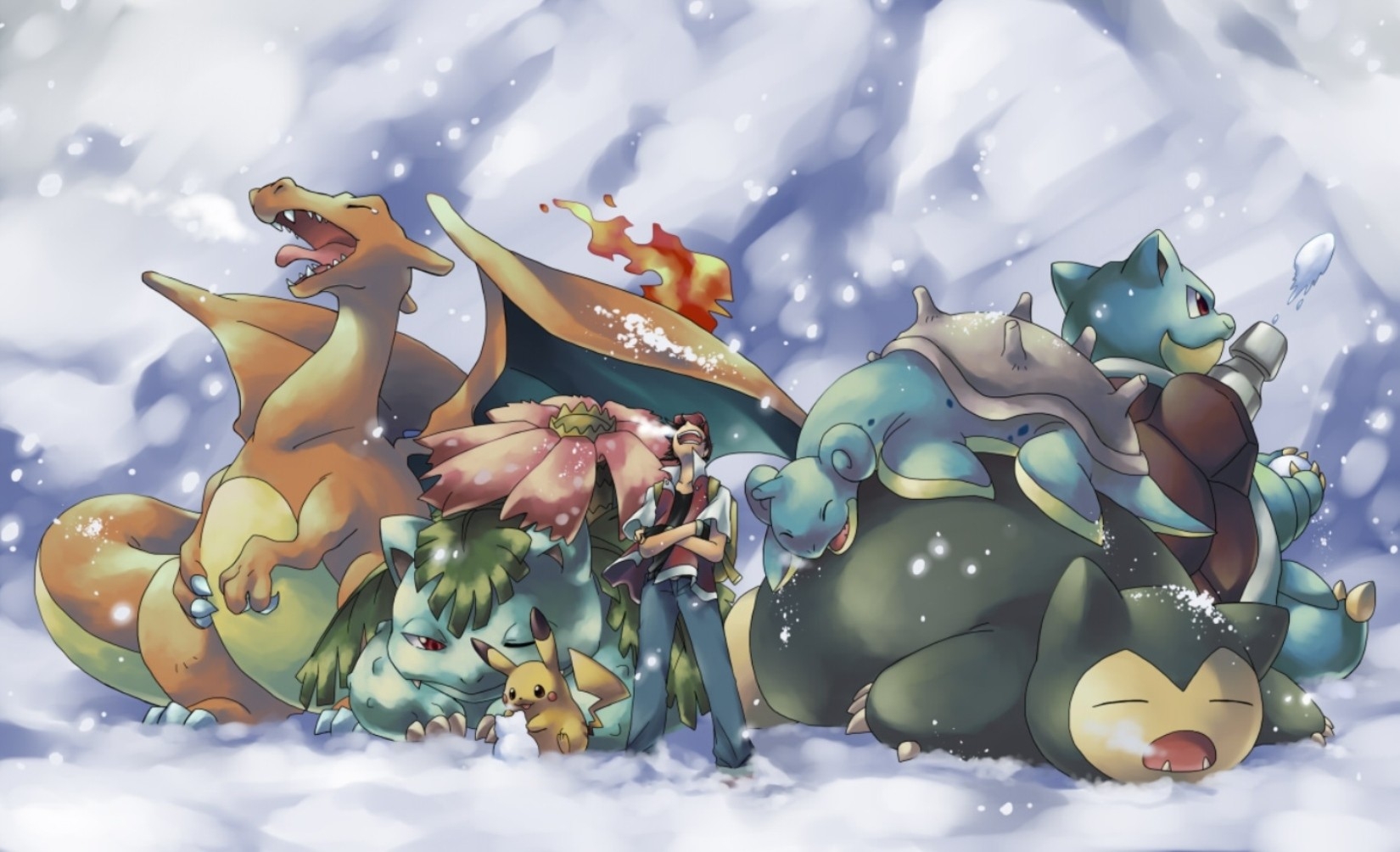 1650x1010 Wallpaper, illustration, digital art, anime, snow, cartoon, Pok mon, dragon, Pikachu, Charizard, Ash Ketchum, mythology, Blastoise, Lapras, Venusaur, Snorlax, screenshot, Desktop