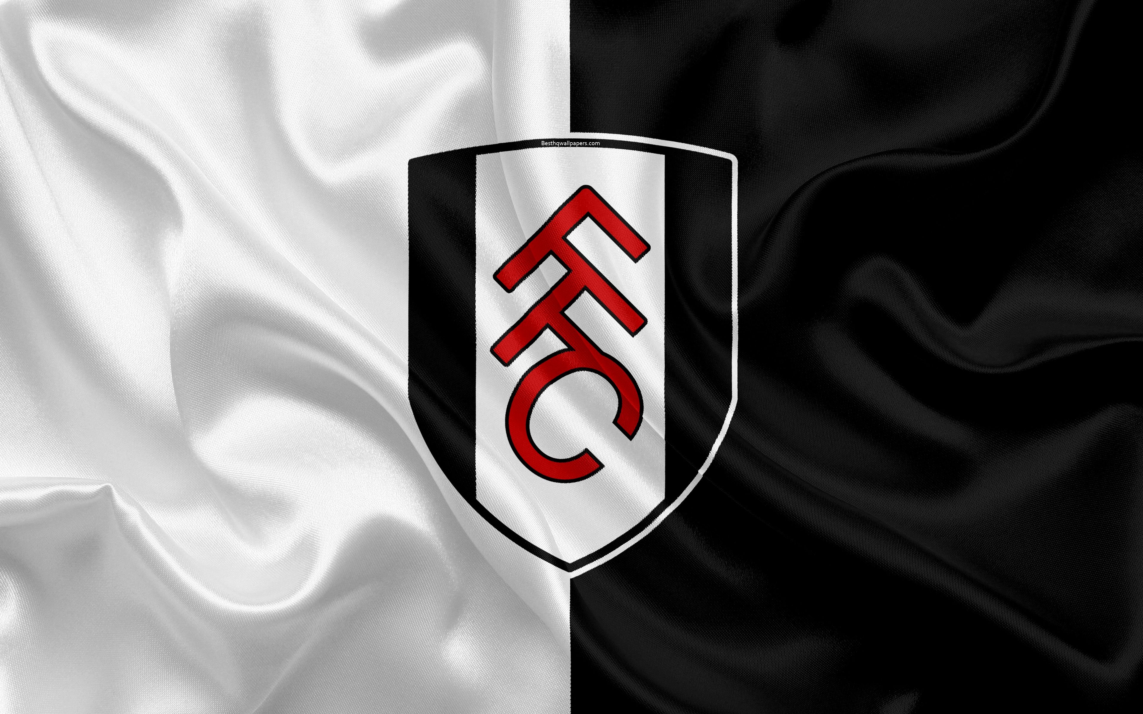 3840x2400 Download wallpaper Fulham FC, silk flag, emblem, logo, 4k, Fulham, Desktop