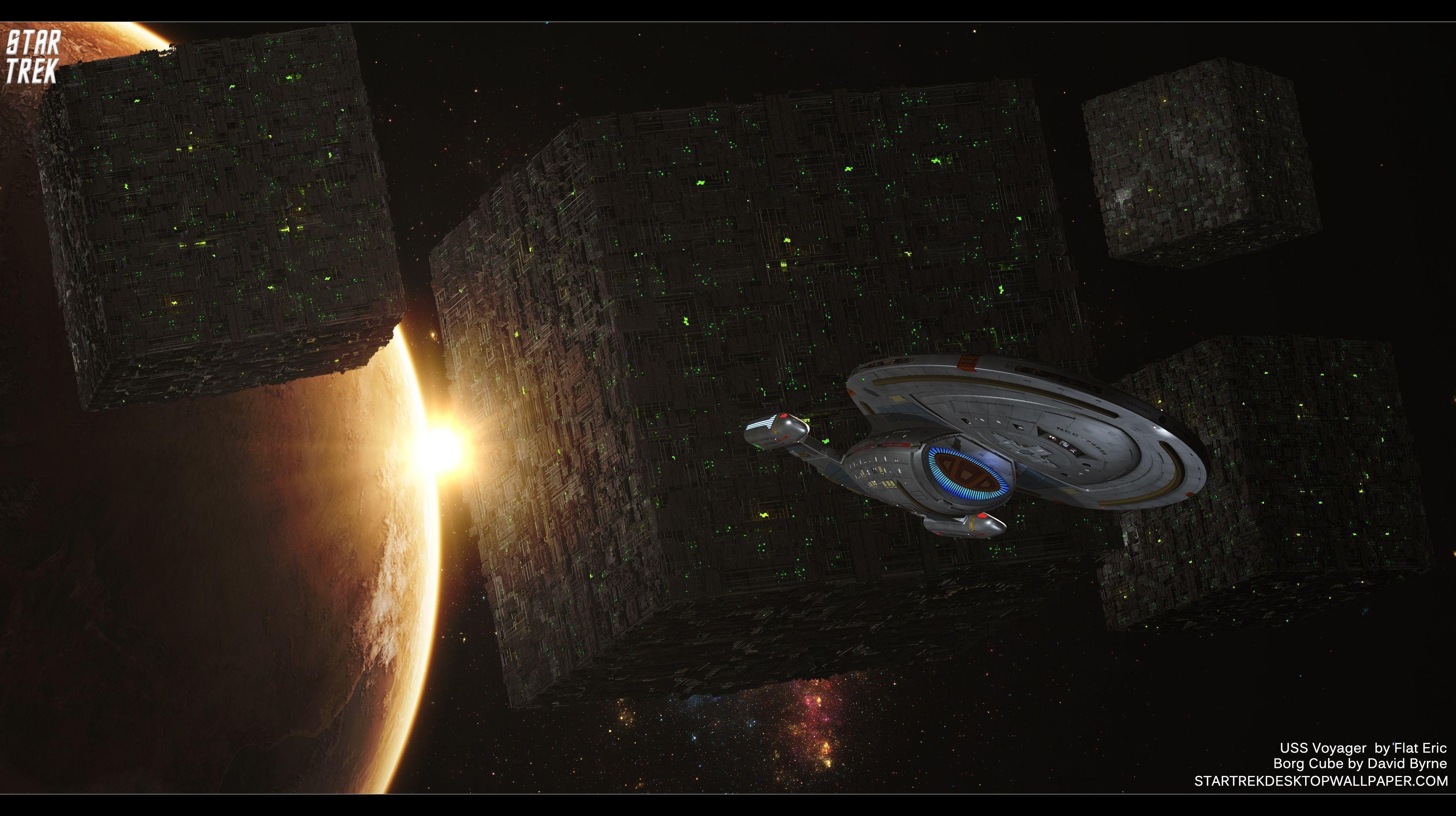 3300x1850 Star Trek Borg Cube And USS Voyager Star Trek computer, Desktop