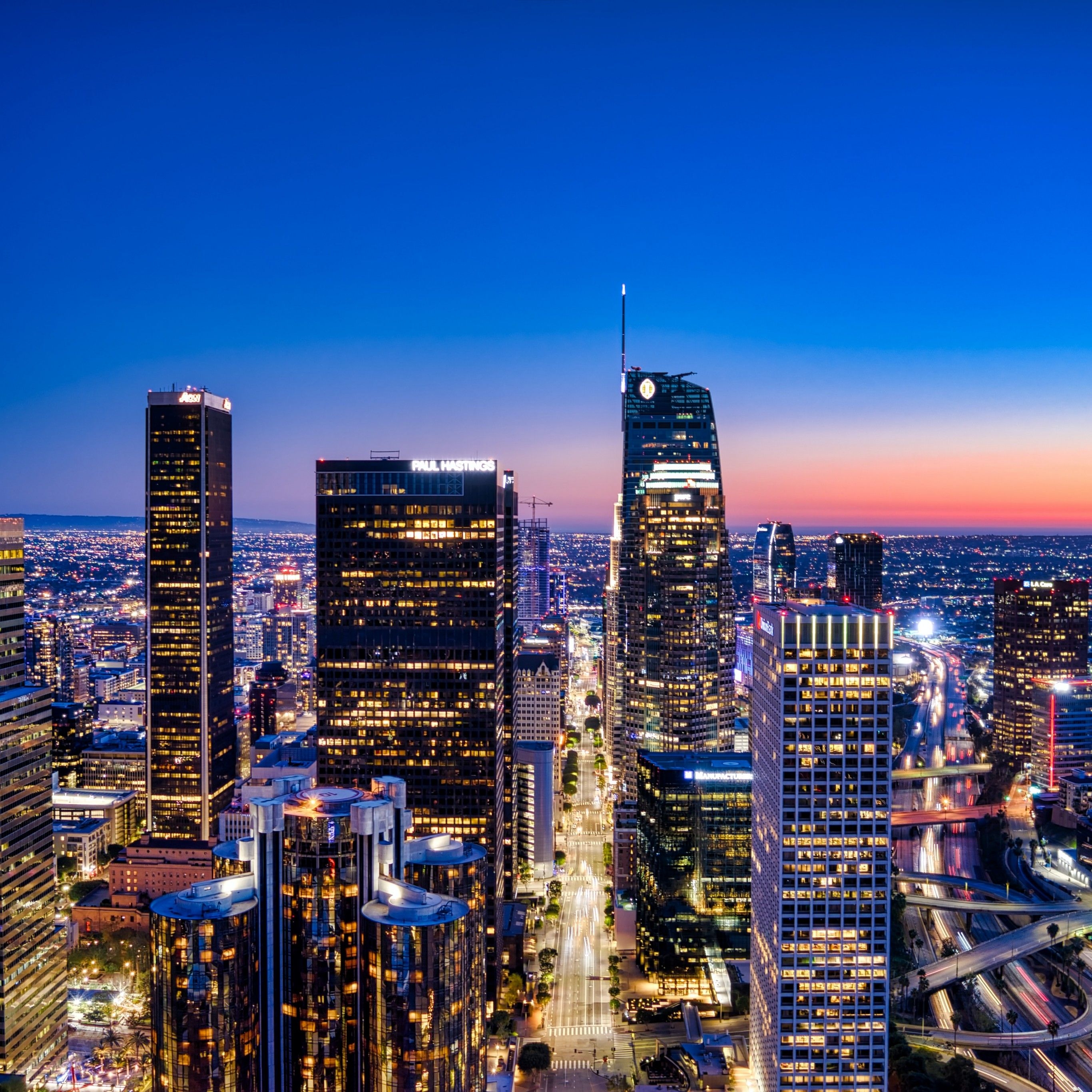 2740x2740 Los Angeles City 4K Wallpaper, City Skyline, Cityscape, Aerial view, Blue hour, Horizon, Clear Sky, World, Phone