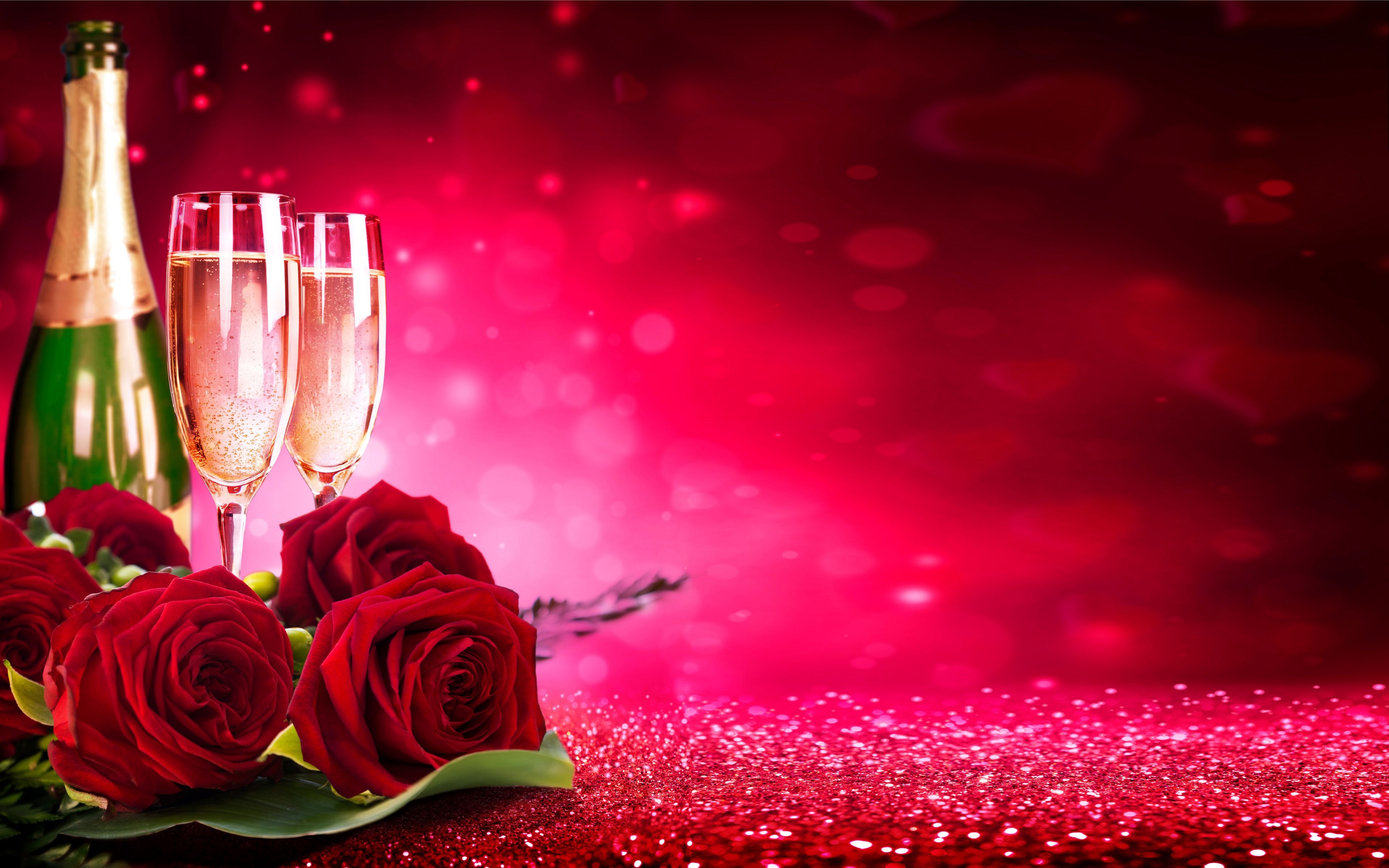 3840x2400 Valentine Champagne And Flower Red Roses HD Wallpaper Ultra HD 4k Wallpaper For Desktop & Mobiles , Wallpaper13.com, Desktop