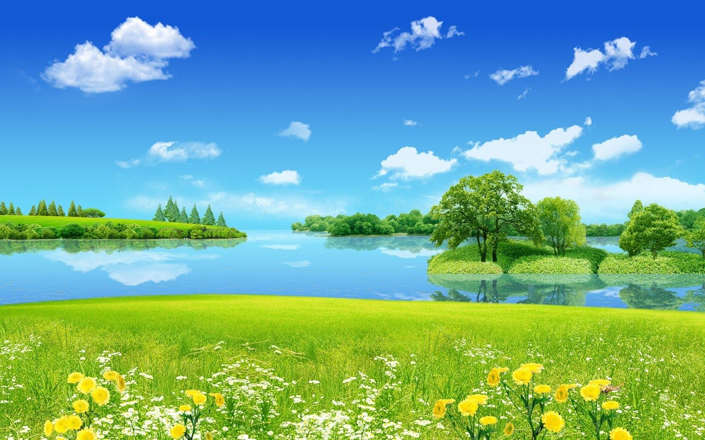 1440x900 HD Eye Vision Protection Scenery Wallpaper(2) White Cloud, Grass and Peace Lake. Free Wallpaper World, Desktop