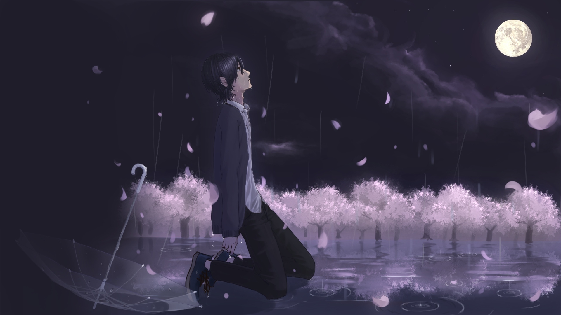 1920x1080 Wallpaper Raining, Moon, Teary Eyes, Anime Boy, Petals, Sadness, Crying:, Desktop