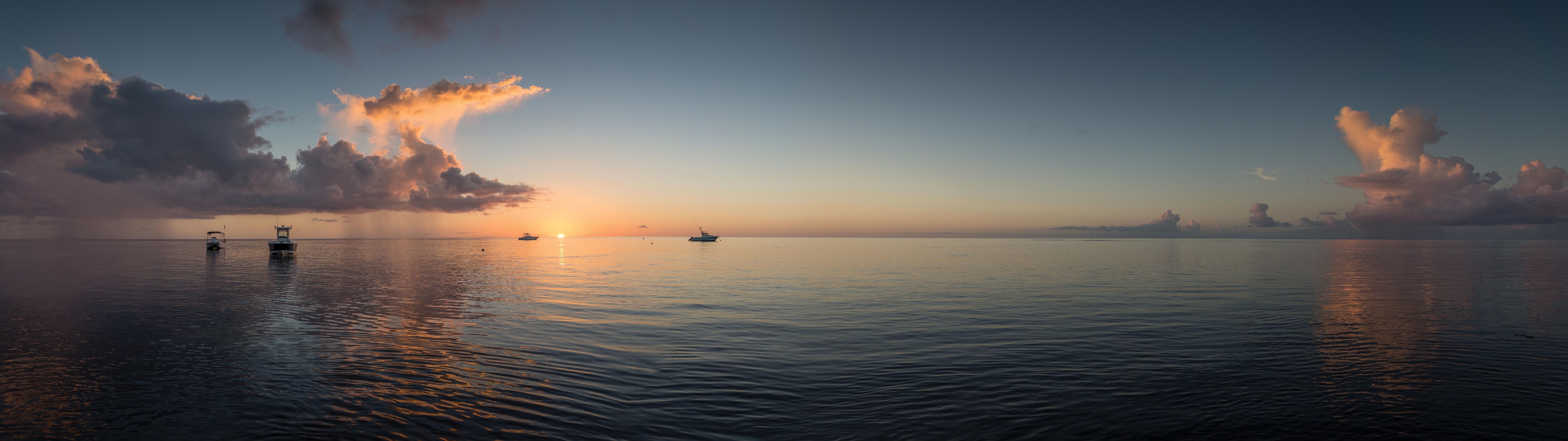 7680x2160 Landscape Sea Horizon Sunset Clouds Nature Boat Dual Display Multiple Display Panorama Wallpaper:, Dual Screen