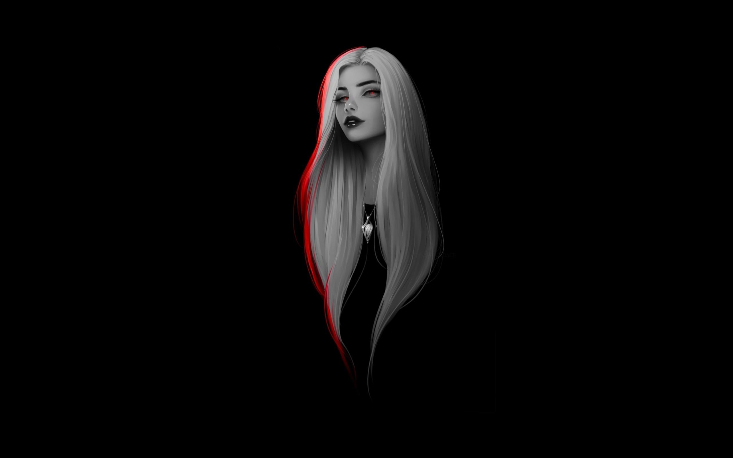 2560x1600 Women White Long Hairs Dark Minimalism, Desktop