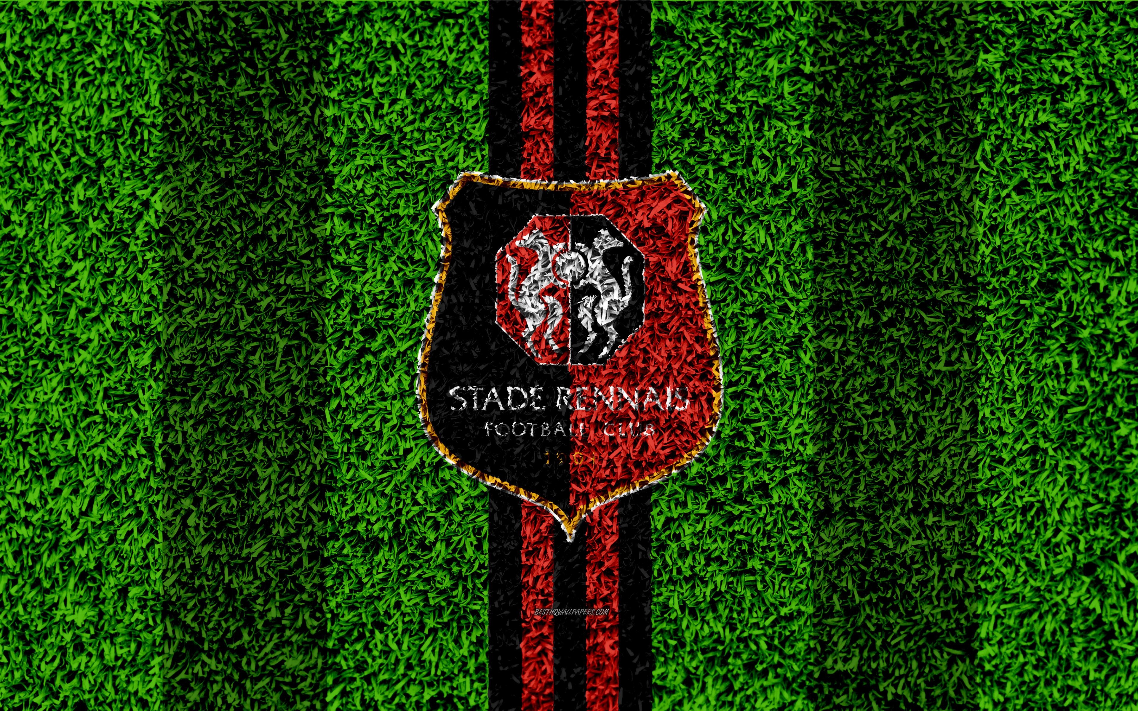 3840x2400 Download wallpaper Stade Rennais FC, 4k, football lawn, logo, Desktop