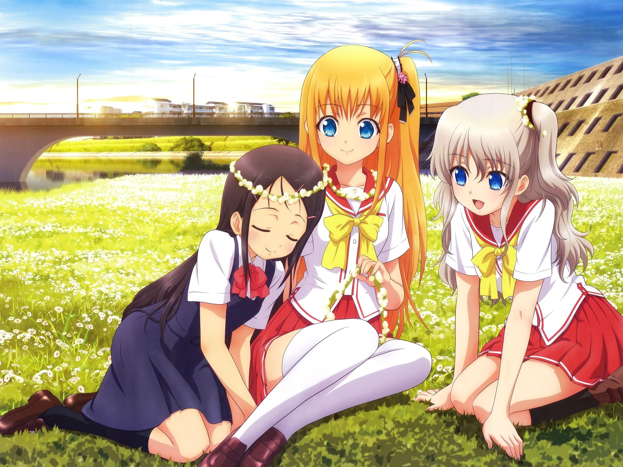 2560x1920 Wallpaper Three anime girls, friends, meadow 3840x2160 UHD 4K, Desktop
