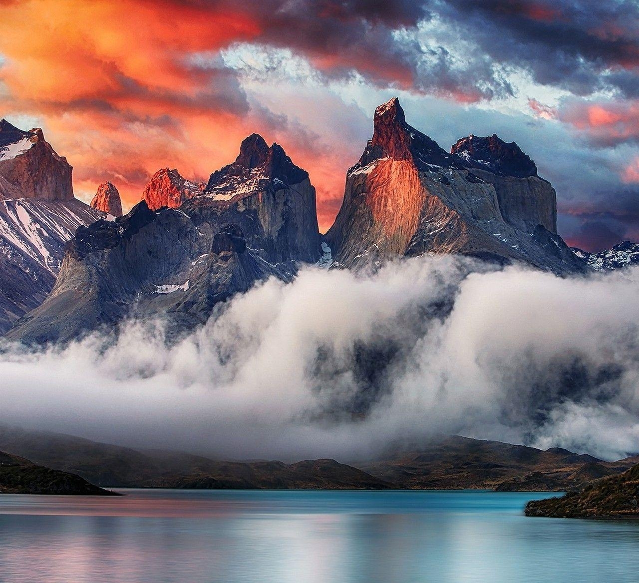 1280x1170 mountain, Torres Del Paine, Patagonia, Chile, Sunrise, Clouds, Desktop