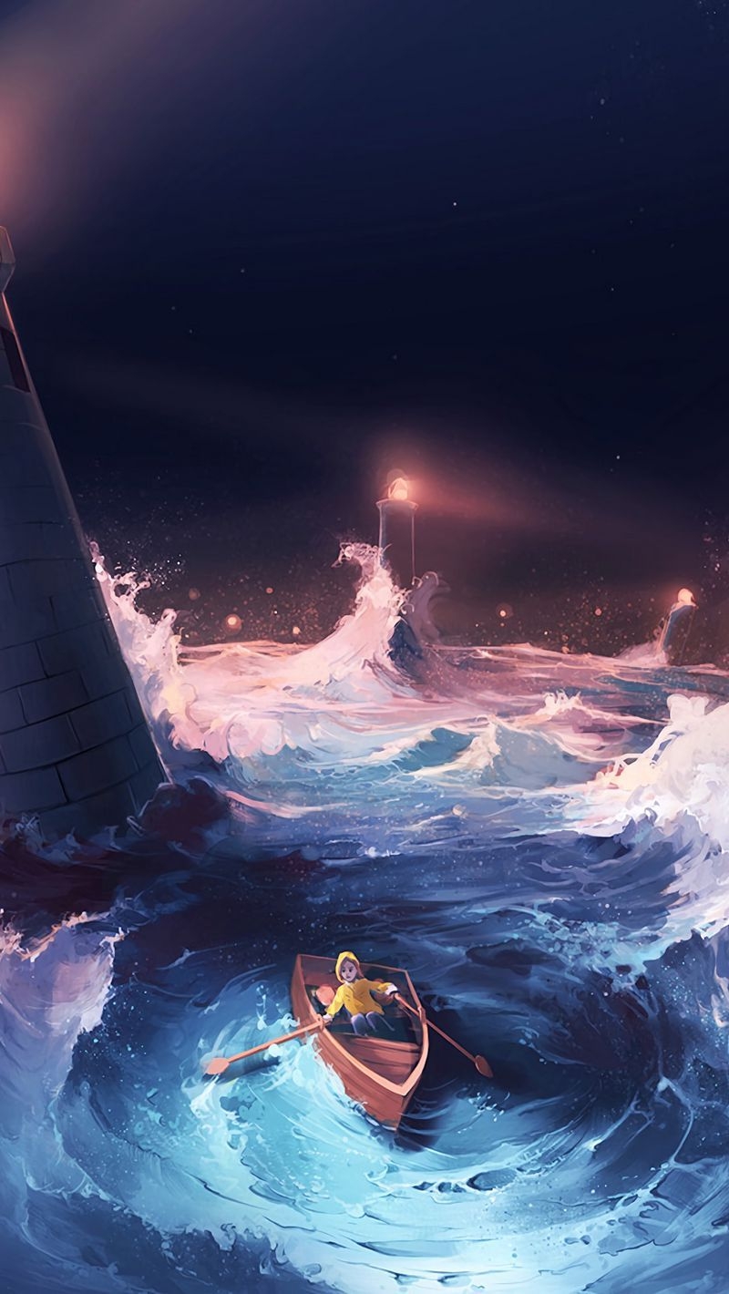 800x1420 Download Wallpaper  Boat, Storm, Lighthouses, Sea, Art Iphone Se 5s 5c 5 For Parallax HD Background, Phone