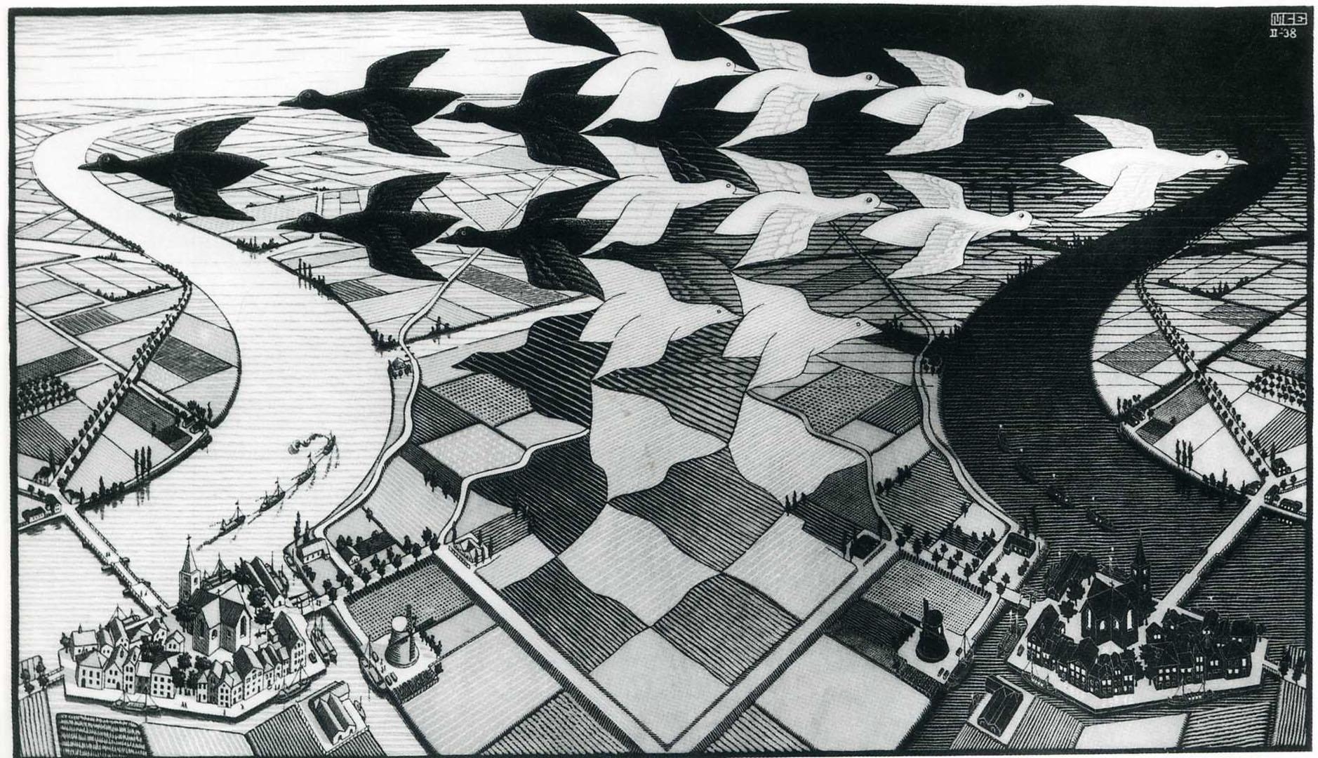 1880x1080 Birds And Landscape Mix Illusion M C Escher Art, Desktop