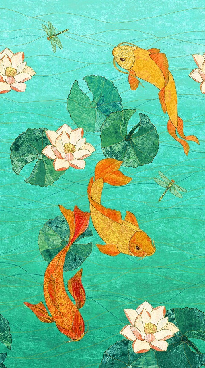 720x1290 Northcott Shimmer Koi Pond By Karen Sikie 22345M 63 Scenic Metallic $10.80 Yd PREORDER DUE DEC '18 JAN '19. Koi Art, Japanese Art, Fish Art, Phone