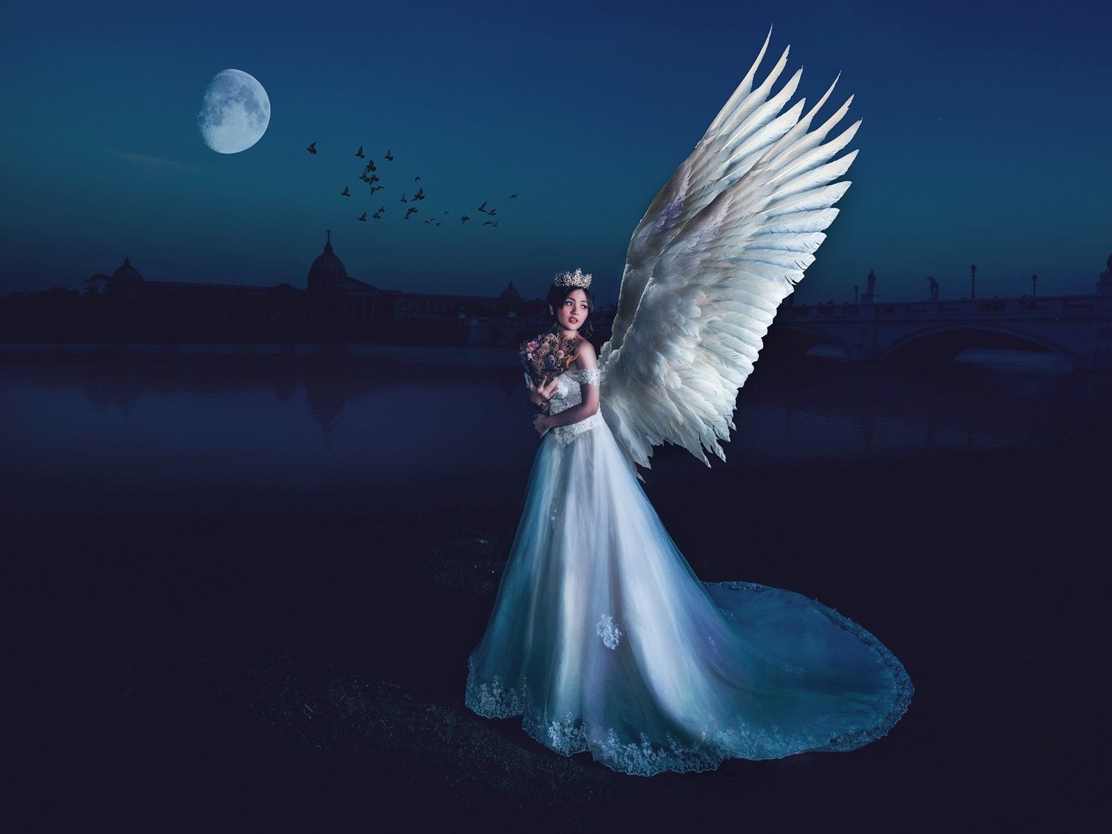 1600x1200 Wallpaper Beautiful angel girl, wings, night, moon 1920x1200 HD Picture, Image, Desktop