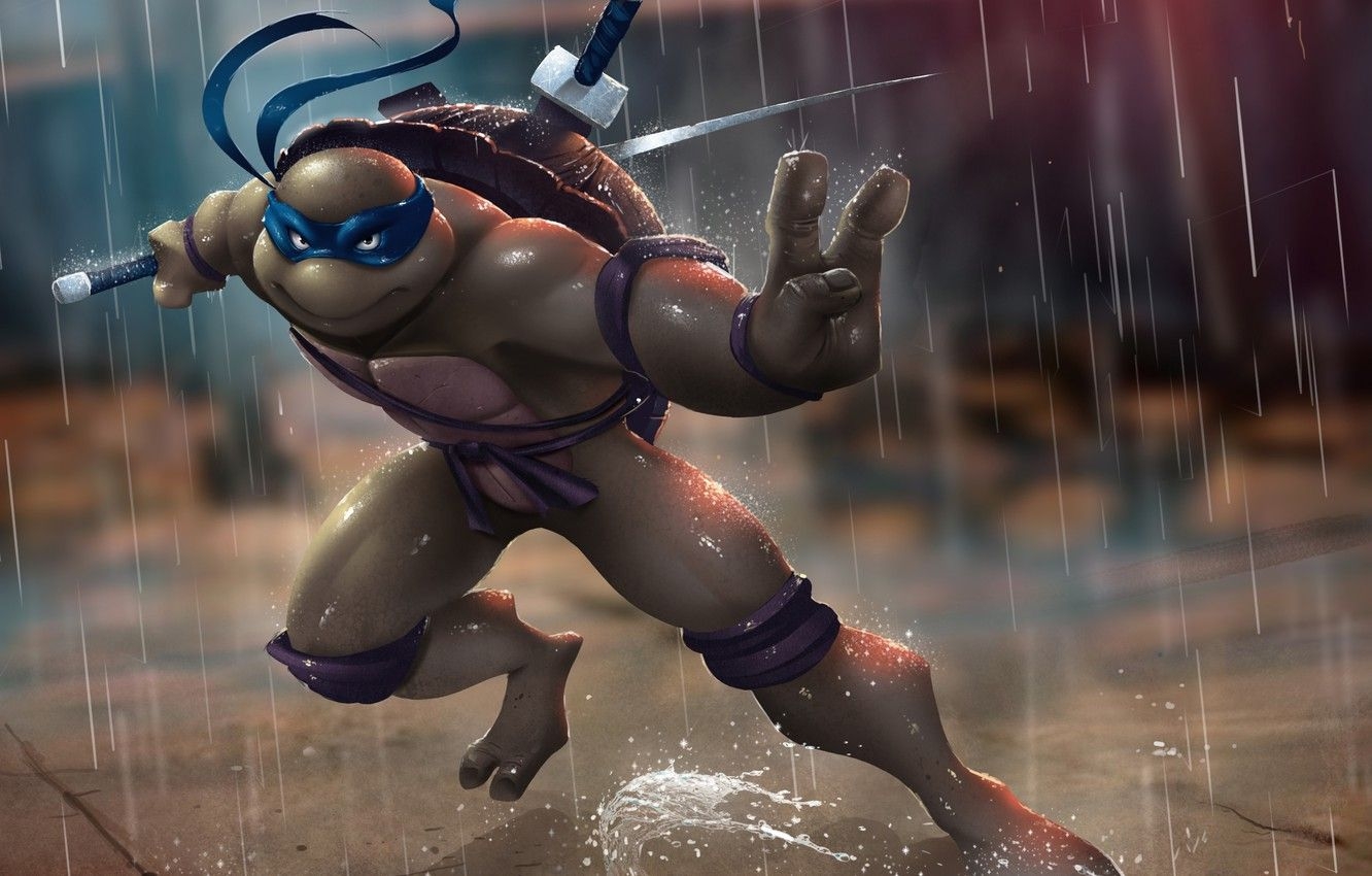 1340x850 Wallpaper rain, turtle, sword, ninja, tmnt, mutant, Leonardo, Teenage Mutant Ninja Turtles, leo image for desktop, section фантастика, Desktop