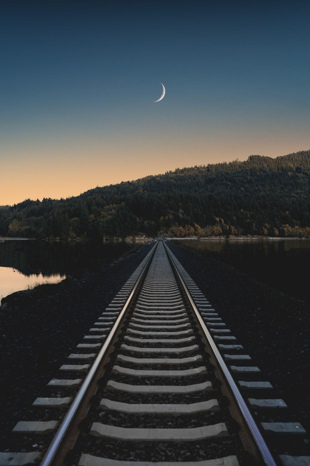 1000x1500 Train track, track, moon and sunset. HD photo, Phone