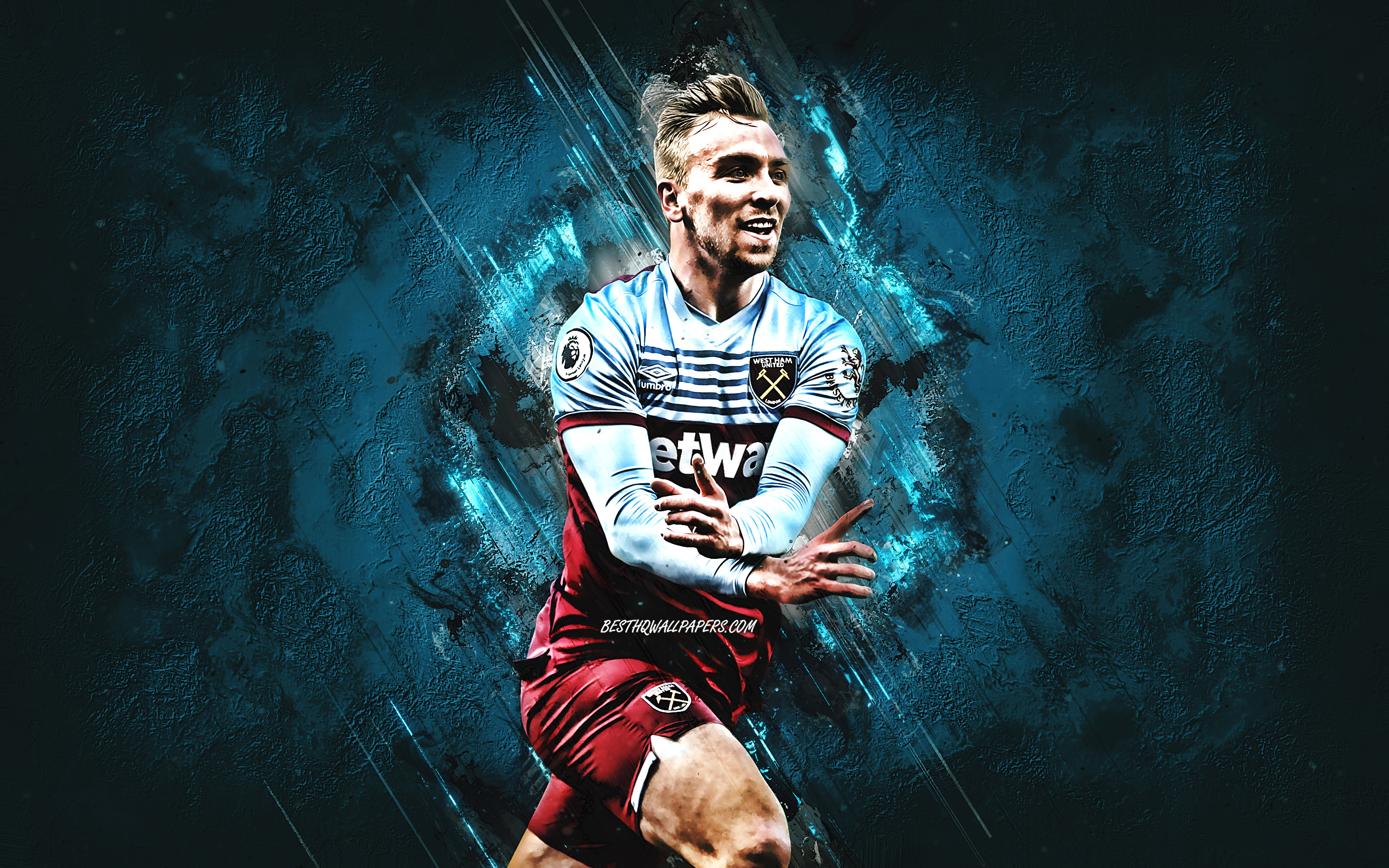 2880x1800 Download wallpaper Jarrod Bowen, West Ham United FC, english footballer, midfielder, blue stone background, Premier League, soccer, England for desktop with resolution. High Quality HD picture wallpaper, Desktop