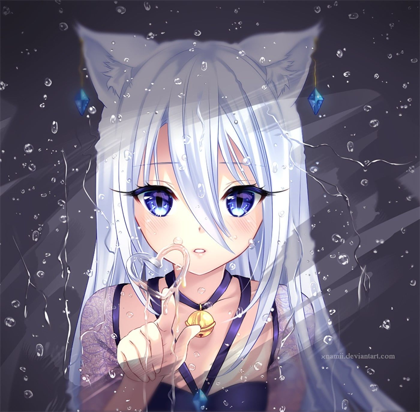 1400x1380 White haired nekomata female anime character digital wallpaper HD, Desktop