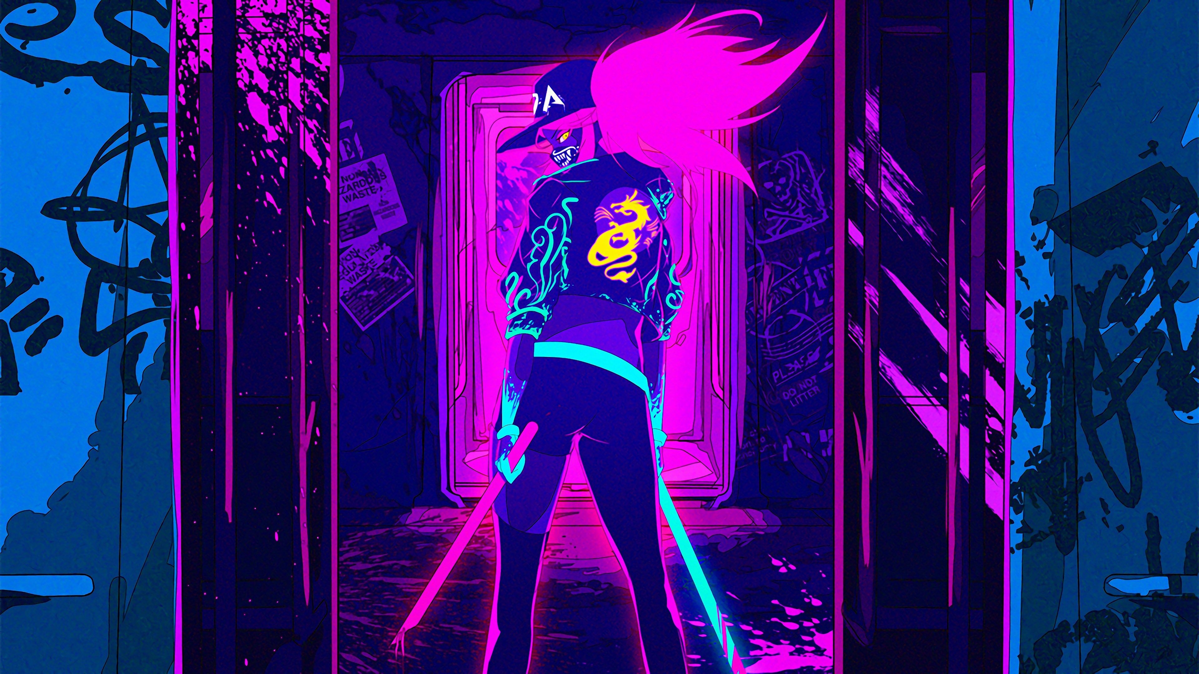 3840x2160 Wallpaper, cyberpunk, neon, 4k, pink, yellow, light blue, entertainment, game characters, Desktop