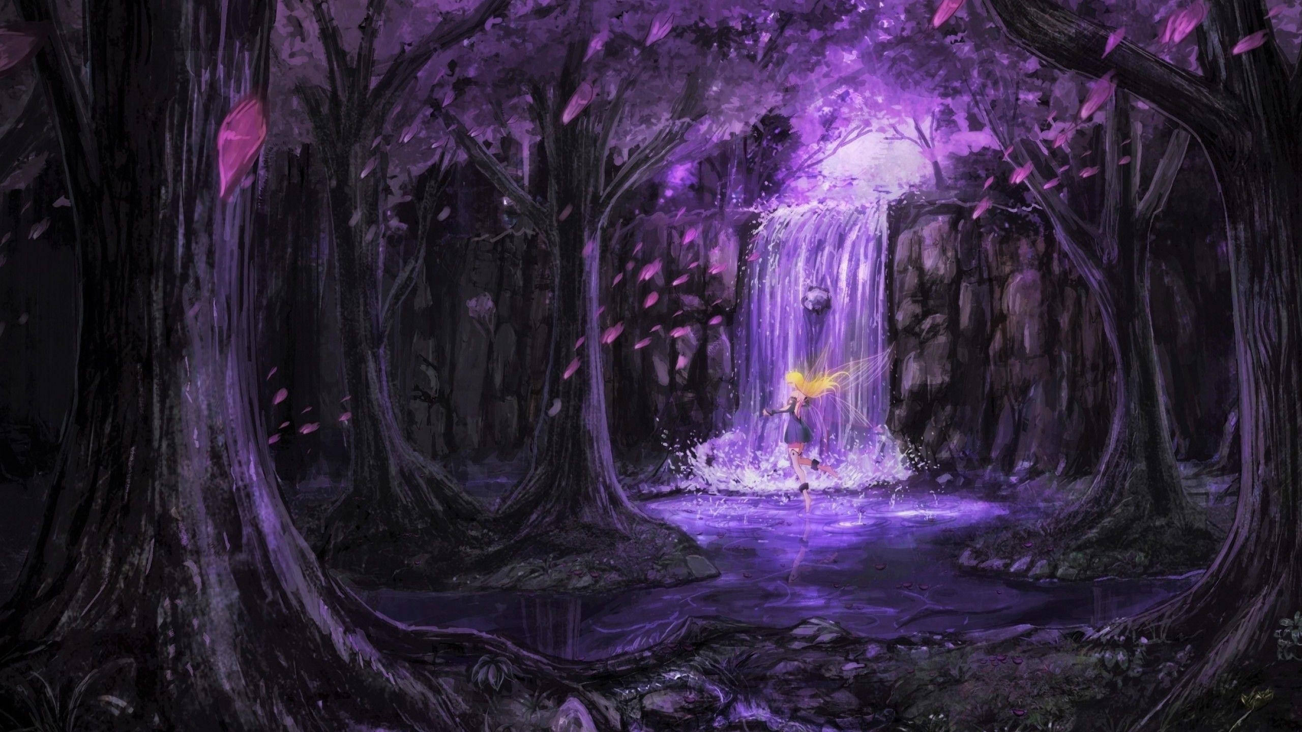 2560x1440 Download  Purple Forest, Scenic, Fairy, Anime Girl, Desktop