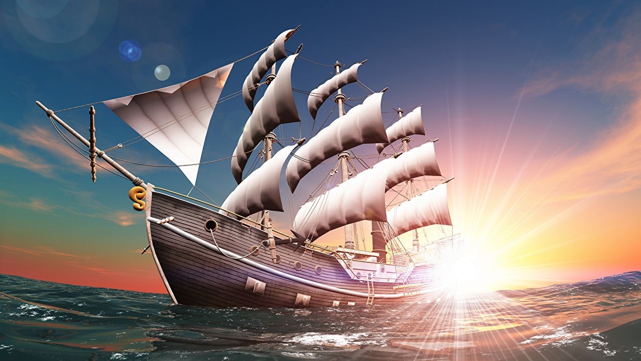 1280x720 Desktop Wallpaper Rays of light Sea 3D Graphics Ships Sailing, Desktop