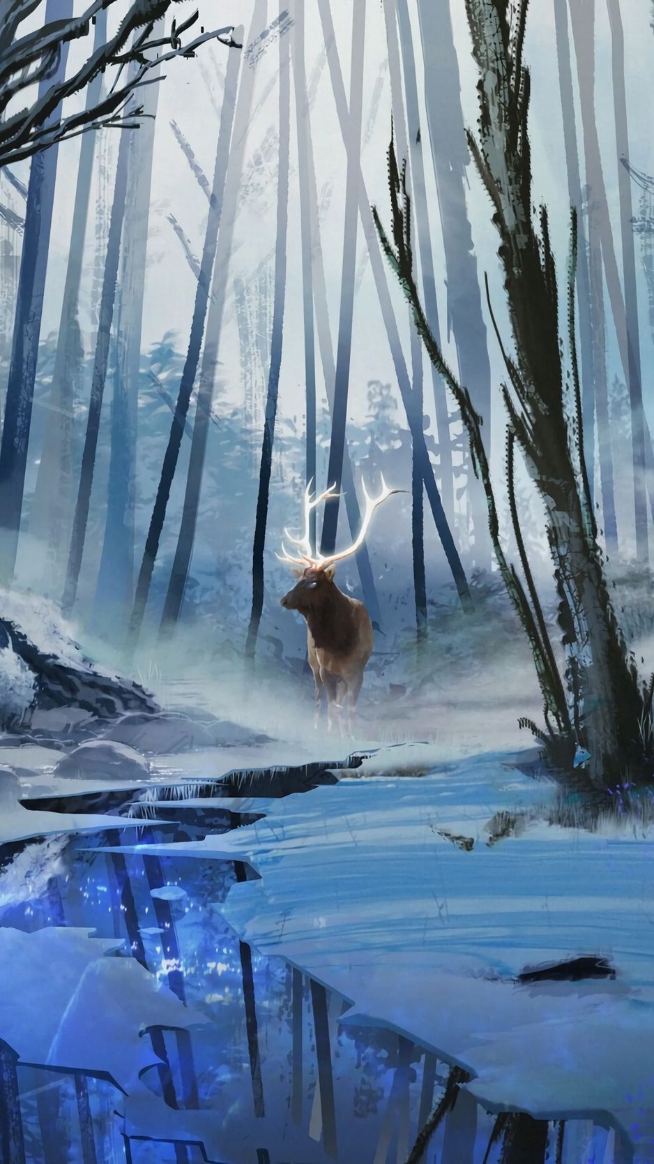 940x1670 Download wallpaper  deer, art, forest, river, winter, Phone