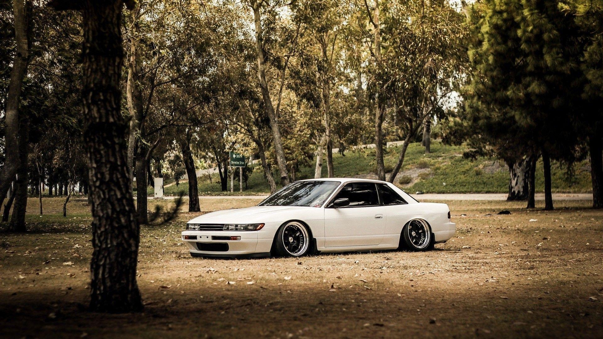 1920x1080 Forest cars tuning white cars tuned Nissan Silvia S13 stance jdm, Desktop