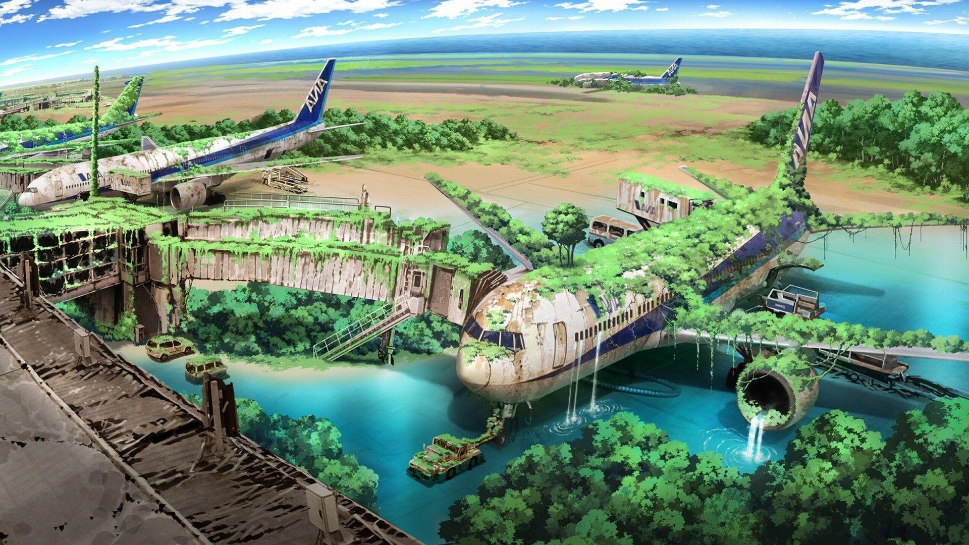 1920x1080 apocalyptic, Airplane, Nature, Anime, Aircraft, Drawing Wallpaper, Desktop