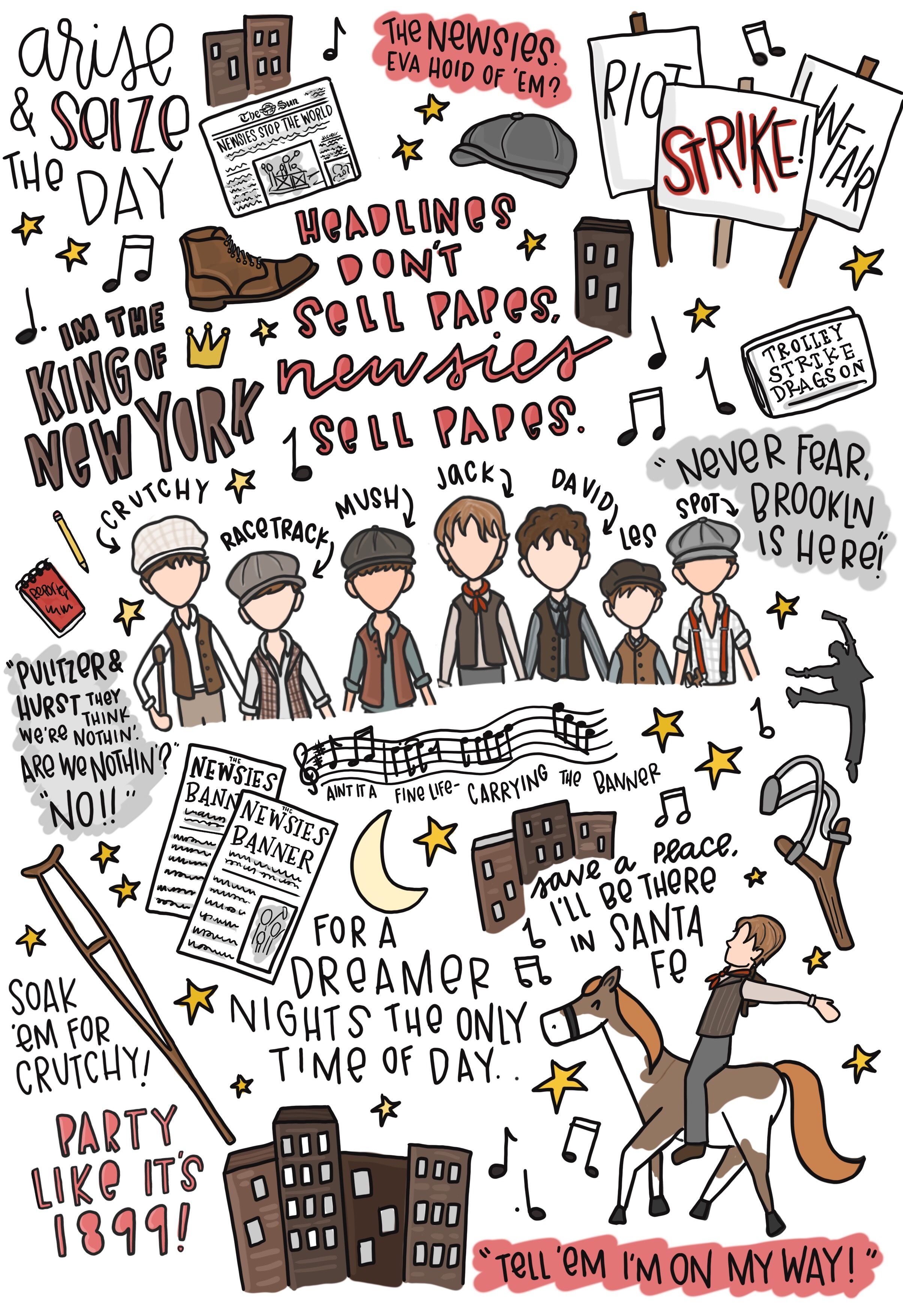 2410x3510 Newsies movie doodles :). Musicals. Broadway theatre, Phone