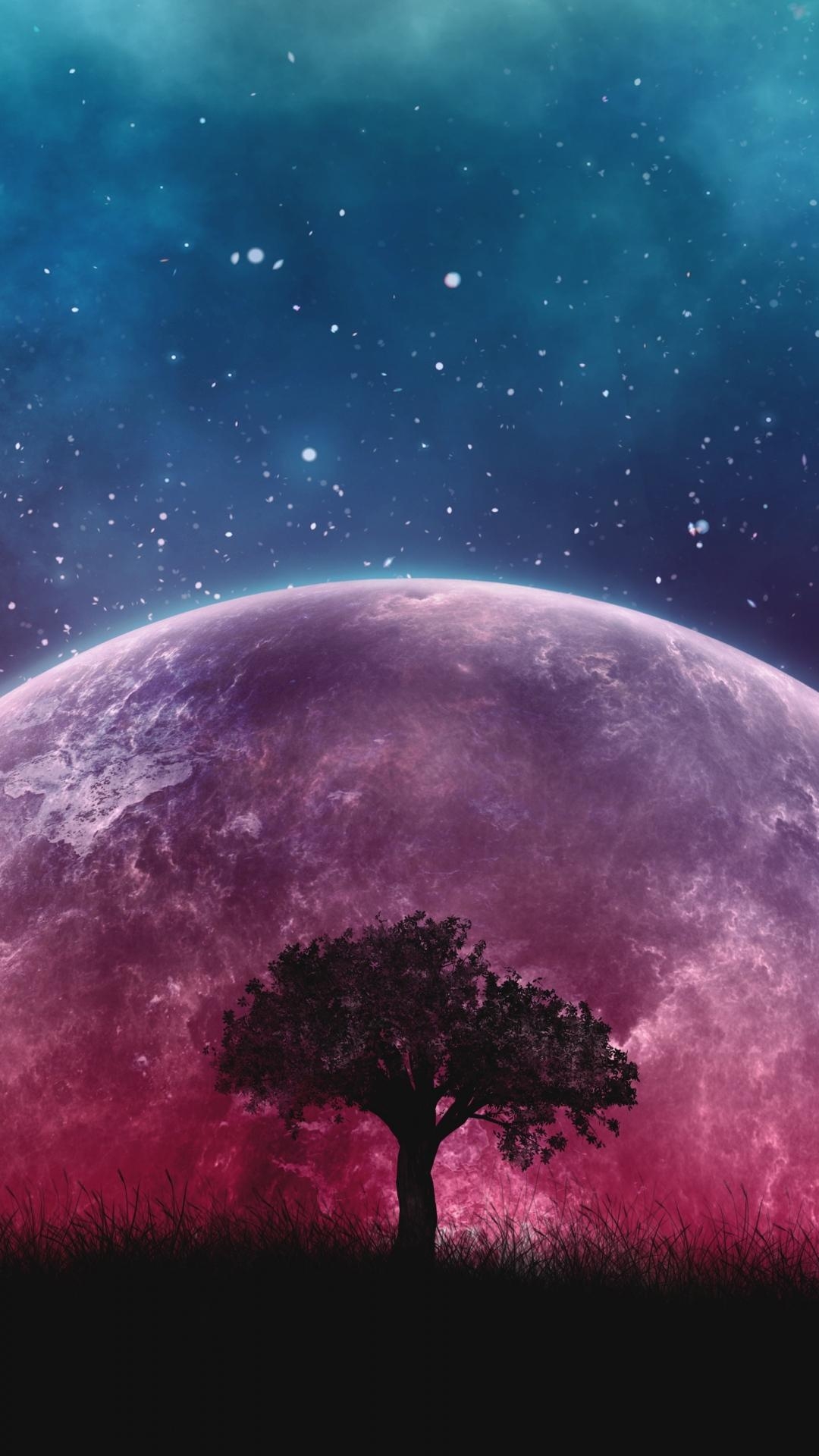 1080x1920 Tree planet stars galaxy art iPhone 8 Wallpaper Free Download, Phone