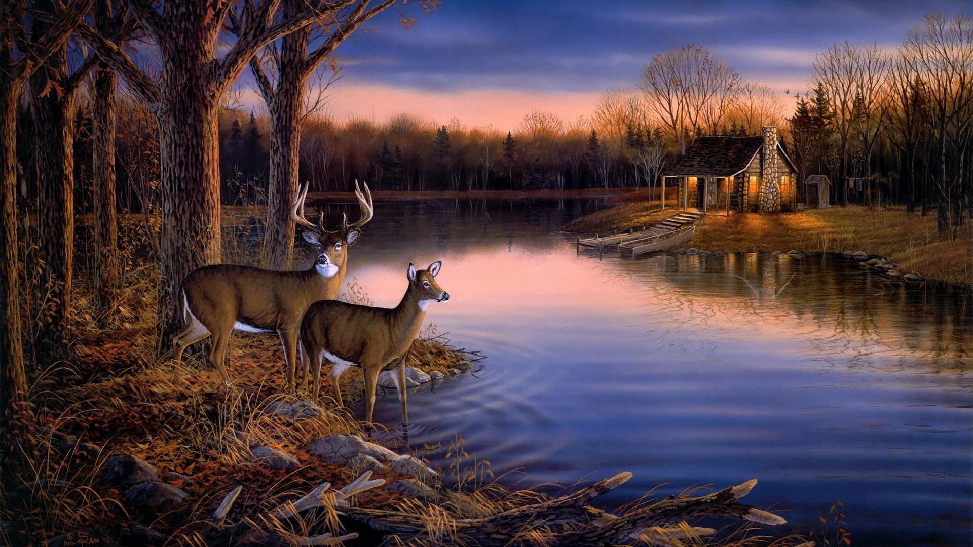 1920x1080 Painting Deer Landscape Wallpaper, Desktop