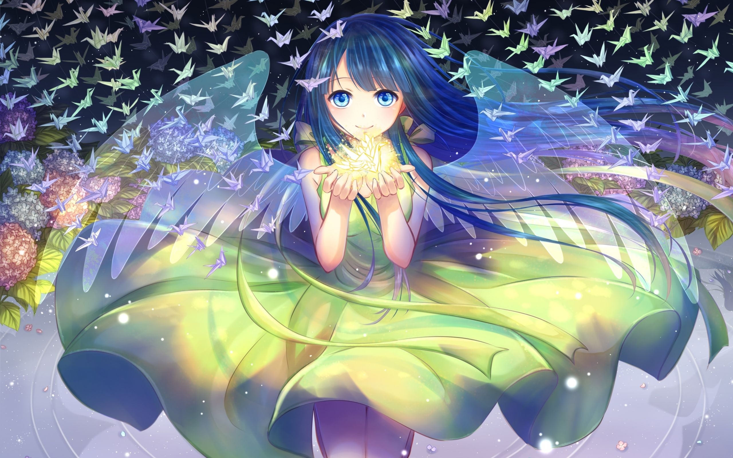 2560x1600 Download  wallpaper cute, anime girl, blue hair, night, Desktop