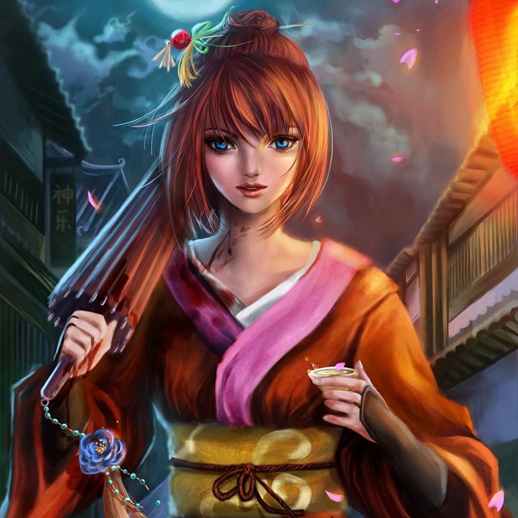 1030x1030 Desktop Wallpaper Redhead girl Kagura gintama Kimono Anime, Phone