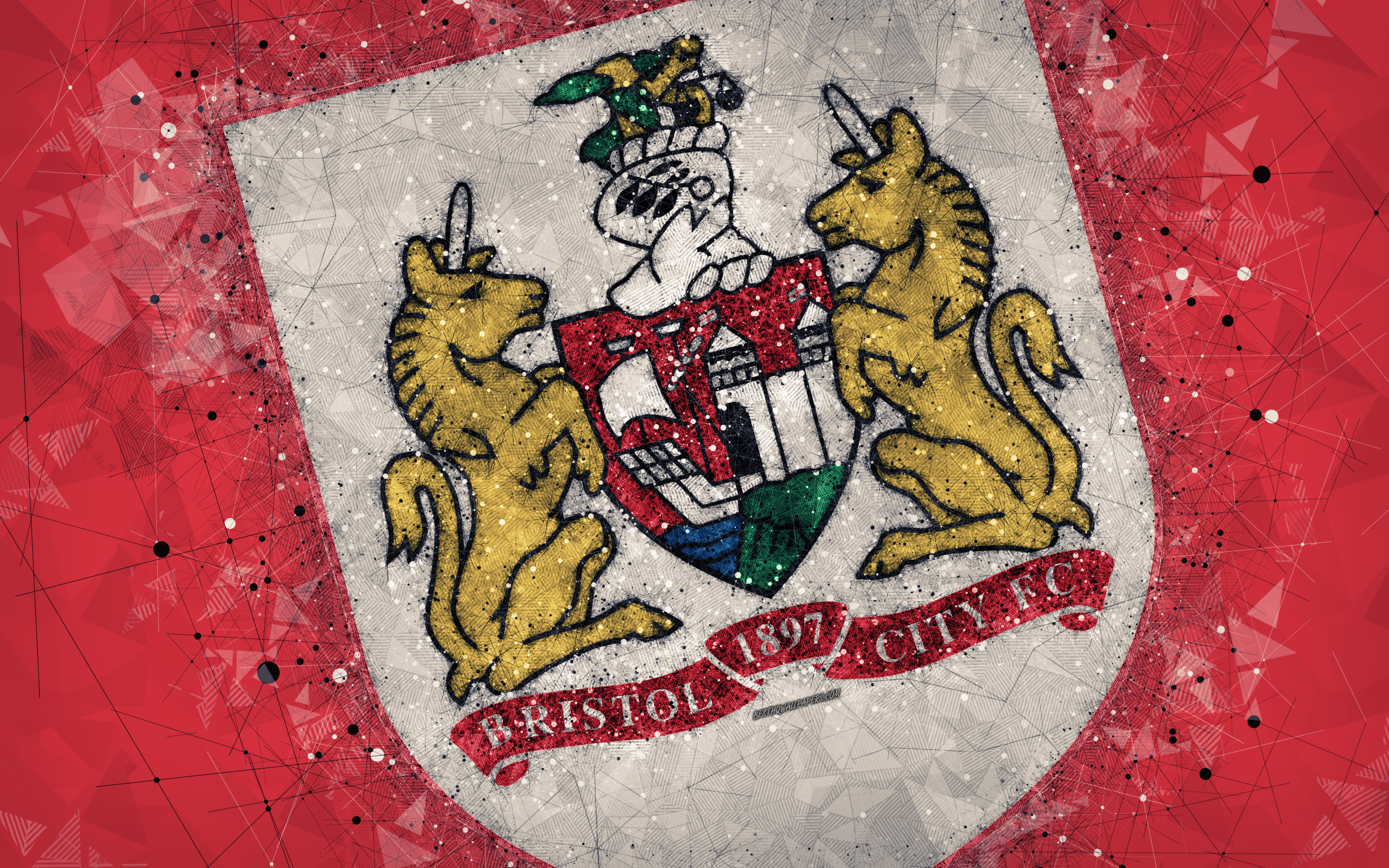 3840x2400 Download wallpaper Bristol City FC, 4k, geometric art, logo, red abstract background, English football club, emblem, EFL Championship, Bristol, England, United Kingdom, football, English Championship for desktop with resolution. High Quality, Desktop