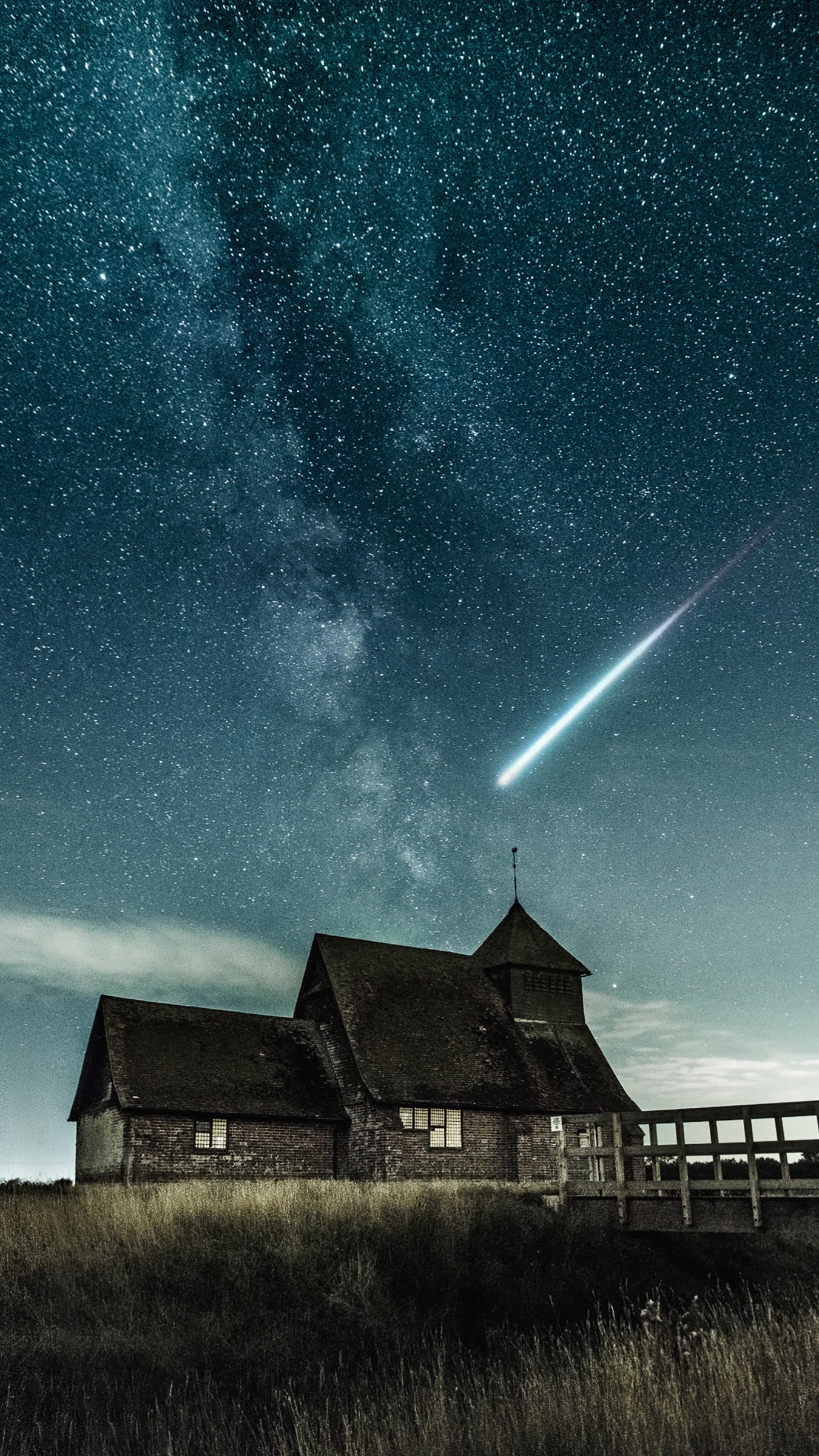 1350x2400 Download wallpaper  building, starry sky, meteorite, bridge, Phone